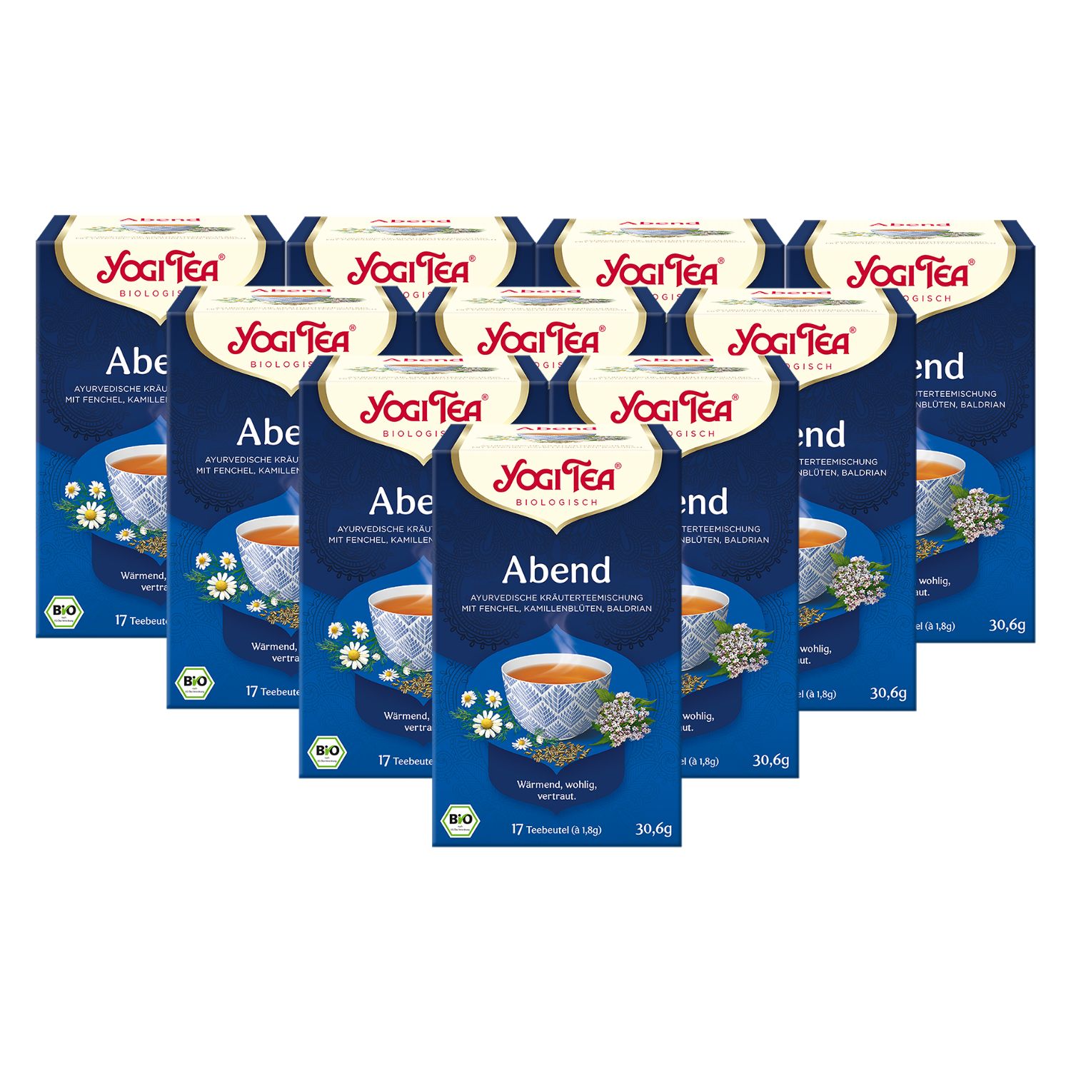Mehrere Schachteln Kräutertee, dunkelblau mit weißer Schrift. Aufdruck: Yogi Tea, Abend, Bio. 17 Teebeutel, 30,6g.
