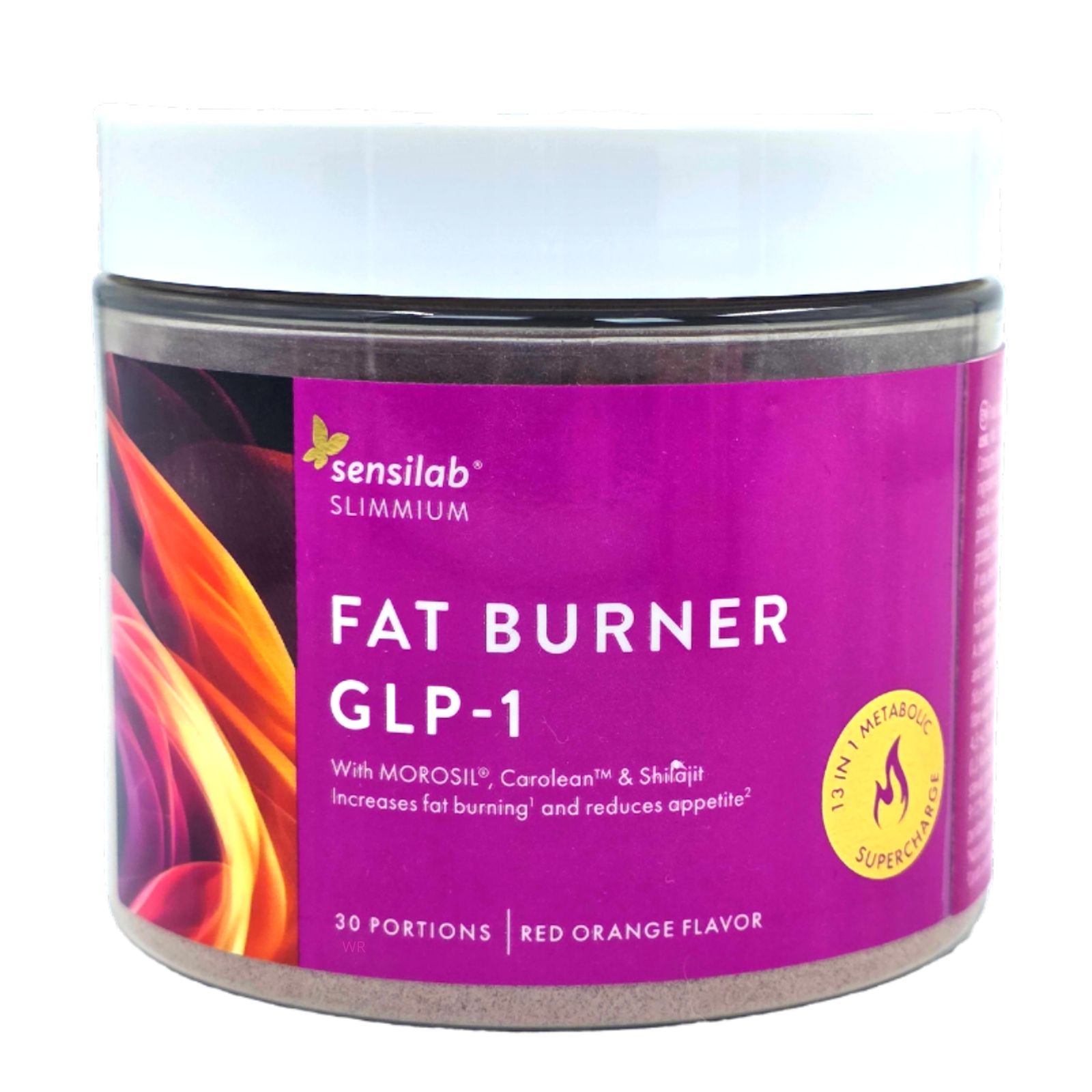 Runder Behälter mit Deckel. Aufschrift: Slimmium, Fat Burner GLP-1. Rote und orangefarbene Grafik. 30 Portionen.