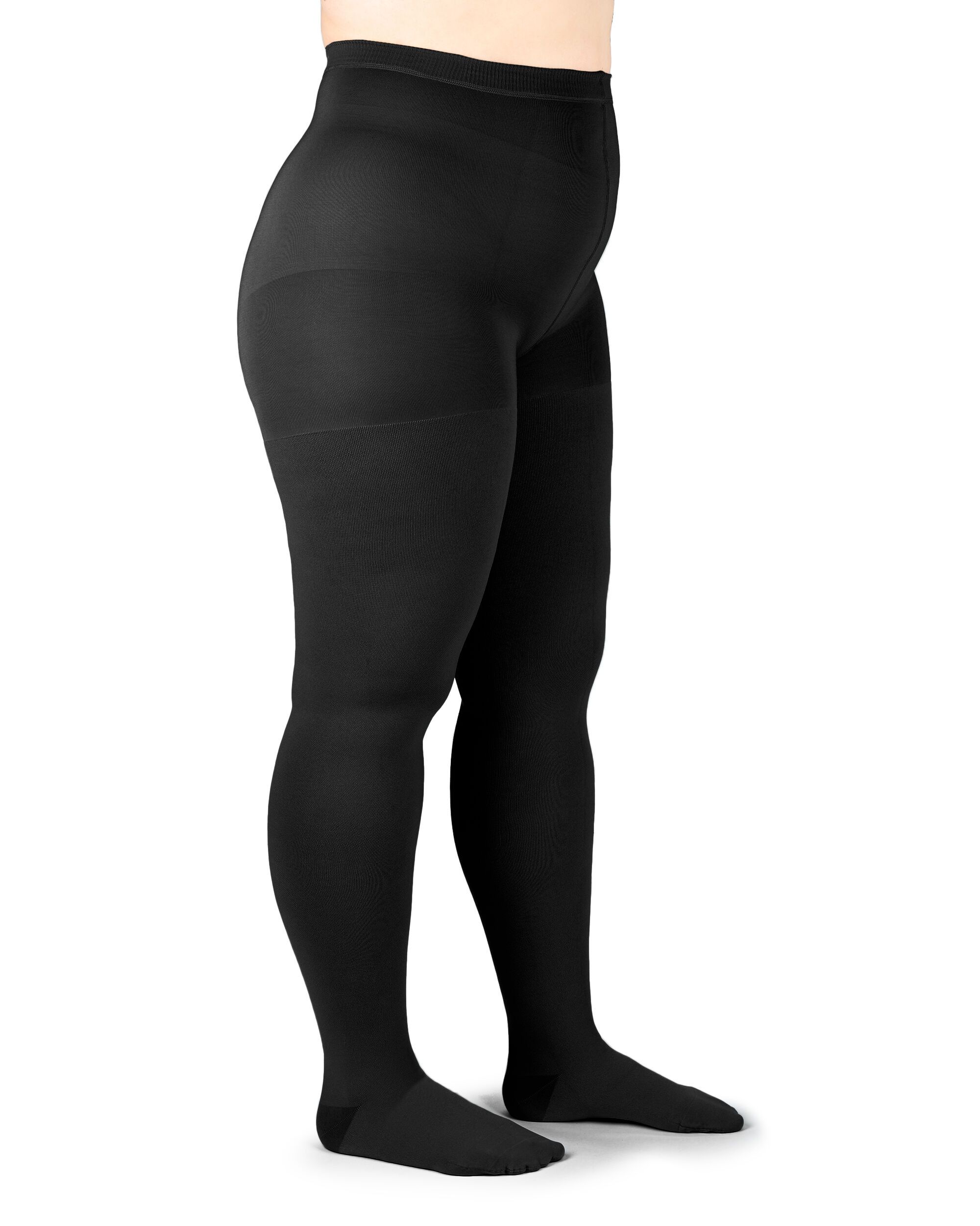 Schwarze Kompressionsstrumpfhose. Seitliche Ansicht einer Person. Sichtbare Merkmale: hoher Bund, Kompressionszonen.