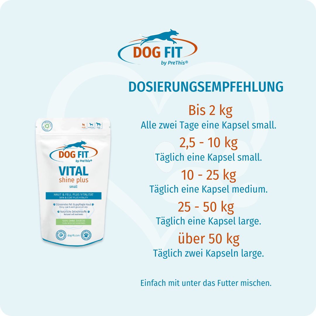 Produktverpackung DOG FIT VITAL shine plus small. Dosierungsempfehlung nach Gewicht: bis 2 kg, 2,5-10 kg, 10-25 kg, 25-50 kg, über 50 kg.