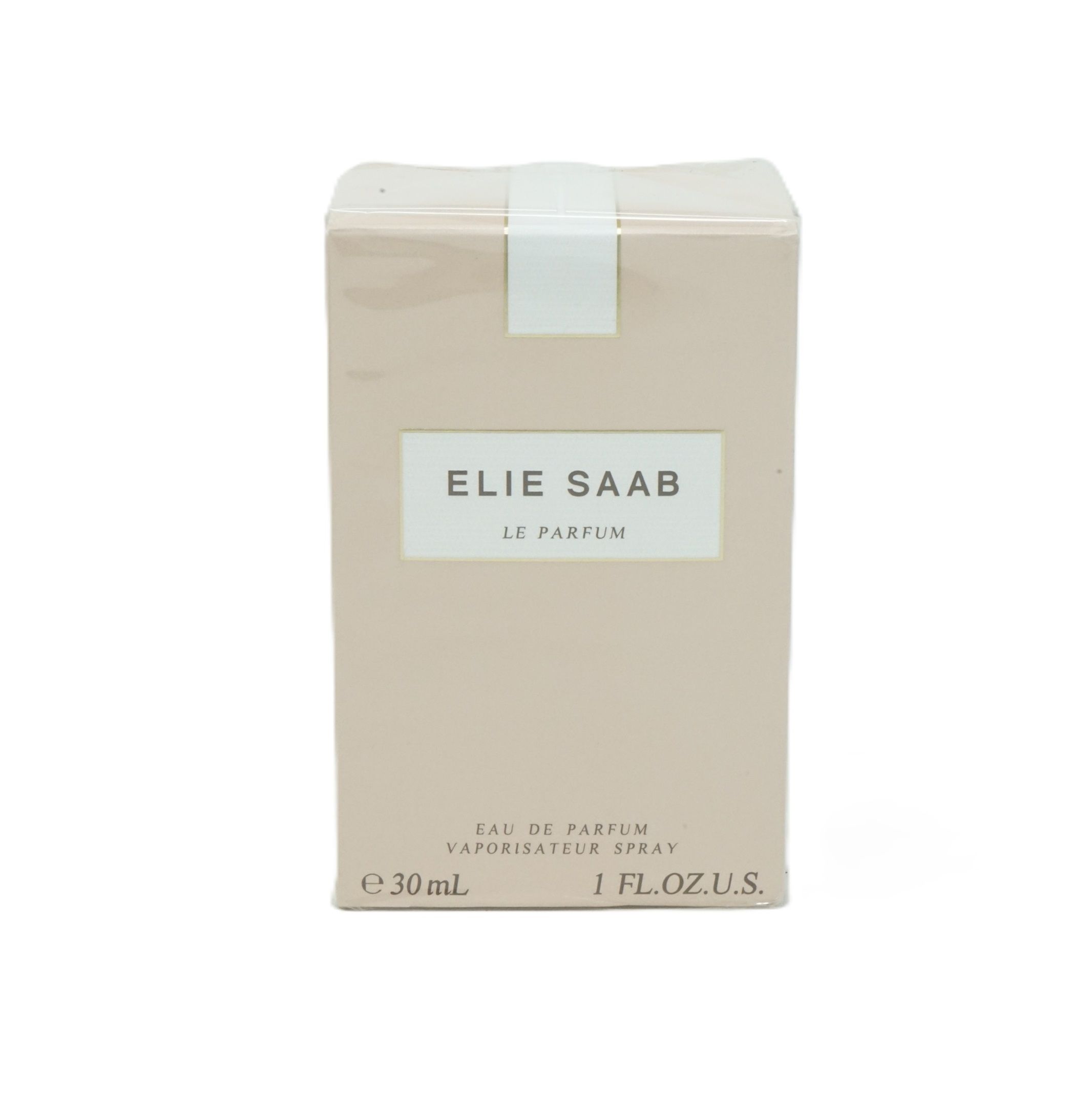 Elie Saab Le Parfum Verpackung. Rechteckige Verpackung mit Aufschrift: Elie Saab Le Parfum Eau de Parfum. Unten: 30 ml, 1 FL.OZ.