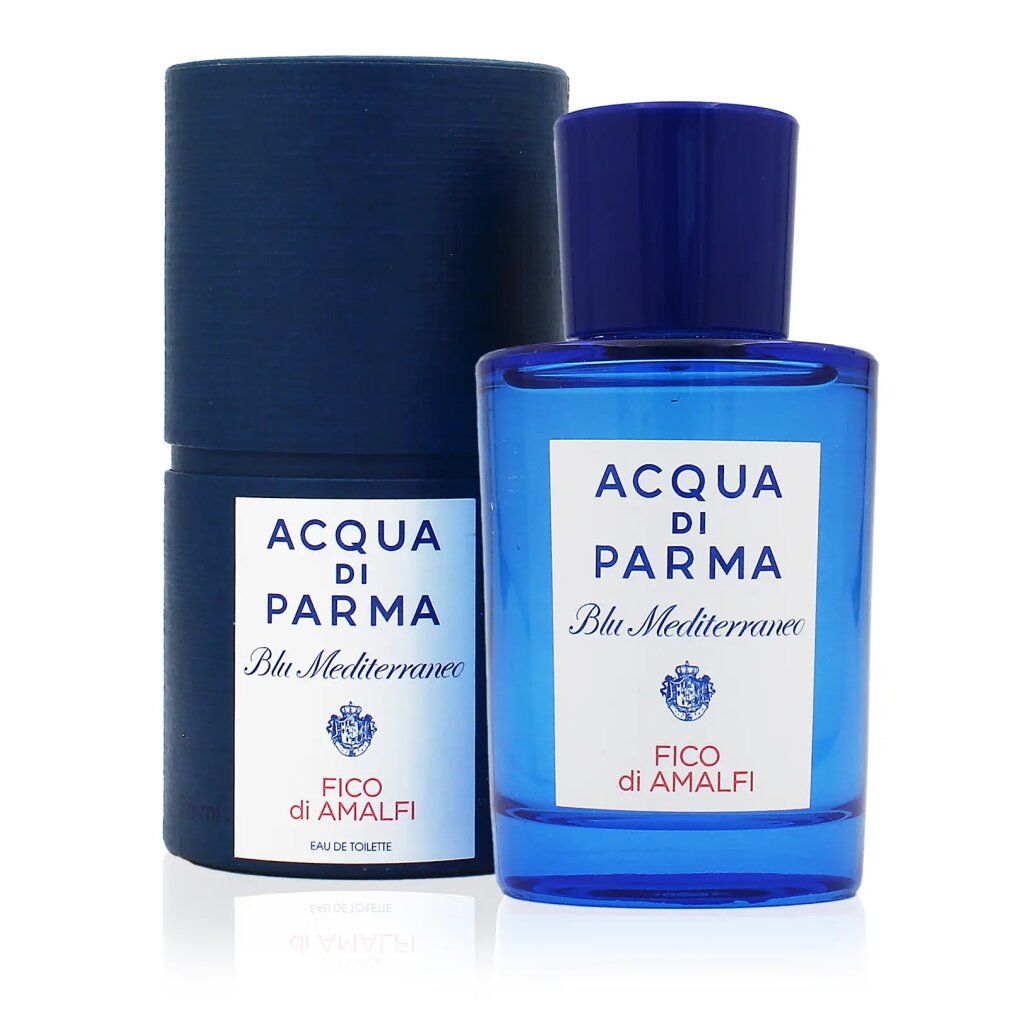 Blaue Flasche und Verpackung. Weißes Etikett mit Text: Acqua Di Parma Blu Mediterraneo Fico di Amalfi.