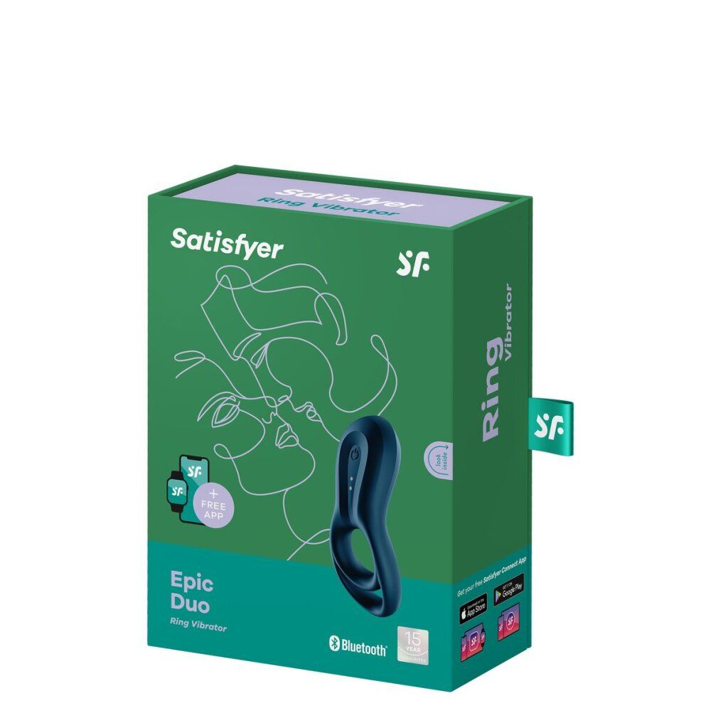 Verpackung mit Ringvibrator. Marke Satisfyer, Modell Epic Duo. Grüne Box mit Produktabbildung.