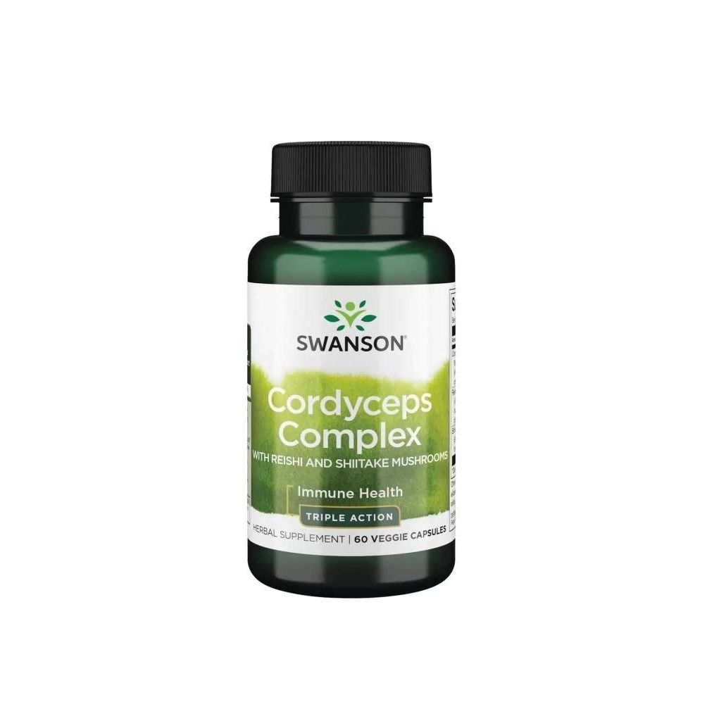 Grüne Flasche mit schwarzem Deckel. Aufschrift: SWANSON Cordyceps Complex, Immune Health, Triple Action. 60 Veggie Capsules.