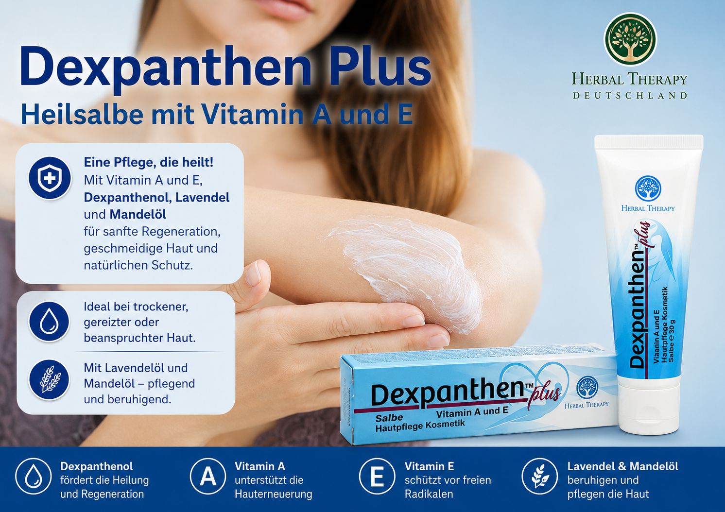 Dexpanthen Plus Salbe: Hautpflege mit Vitamin A und E, Lavendel und Mandelöl.