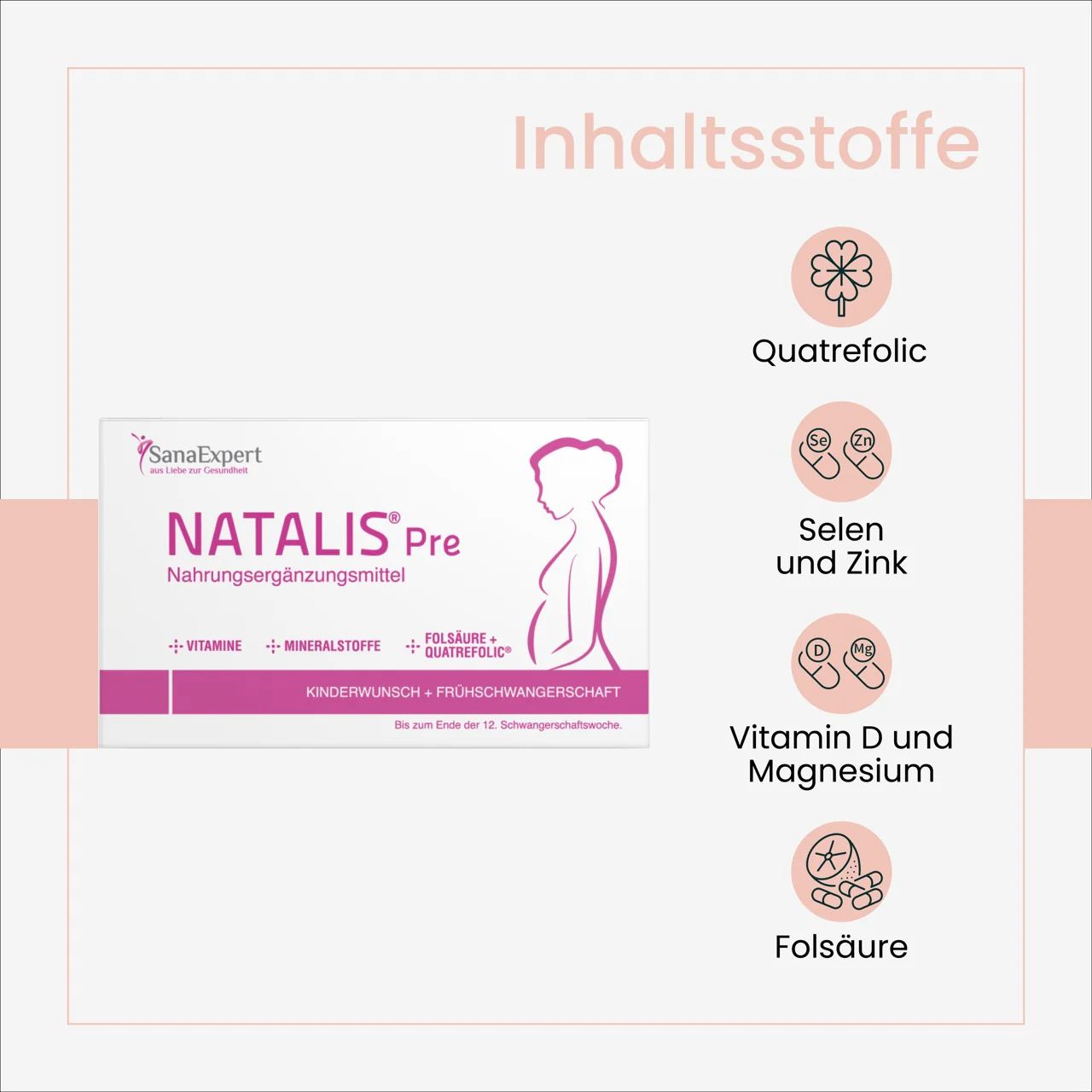 Verpackung SanaExpert Natalis Pre. Inhaltsstoffe: Quatrefolic, Selen und Zink, Vitamin D und Magnesium, Folsäure.