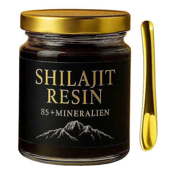 Glas mit goldenem Deckel, Löffel und Produkt. Schwarze Schrift auf Etikett. Goldener Hintergrund.