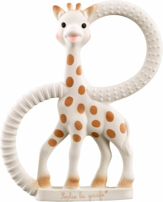 Giraffe-Beißring mit braunen Flecken. Weißes Material, Ringform. Gesicht mit Augen, Nase, Mund. Sophie la girafe.