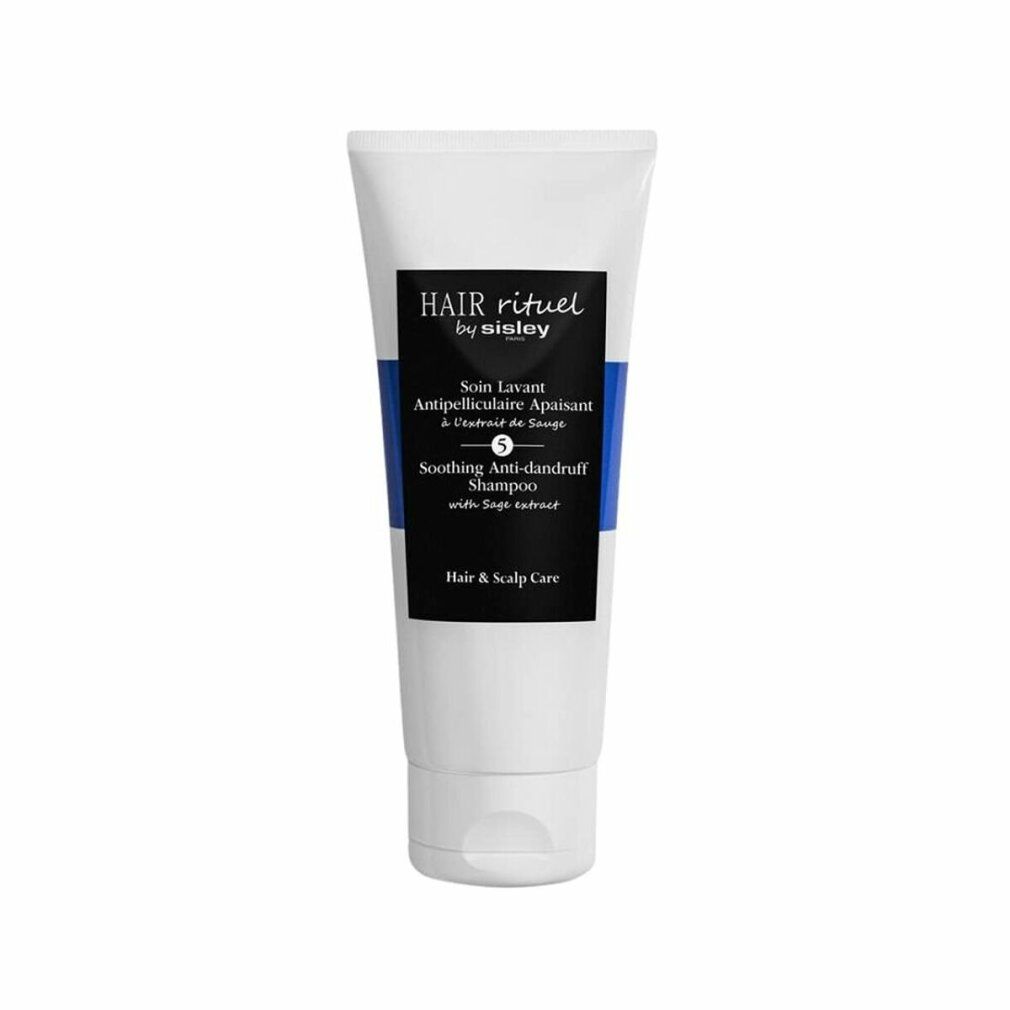 Weiße Tube mit schwarzem und blauem Etikett. Schriftzug: HAIR RITUEL by Sisley, Soin Lavant Antipelliculaire Apaisant, Soothing Anti-dandruff Shampoo.