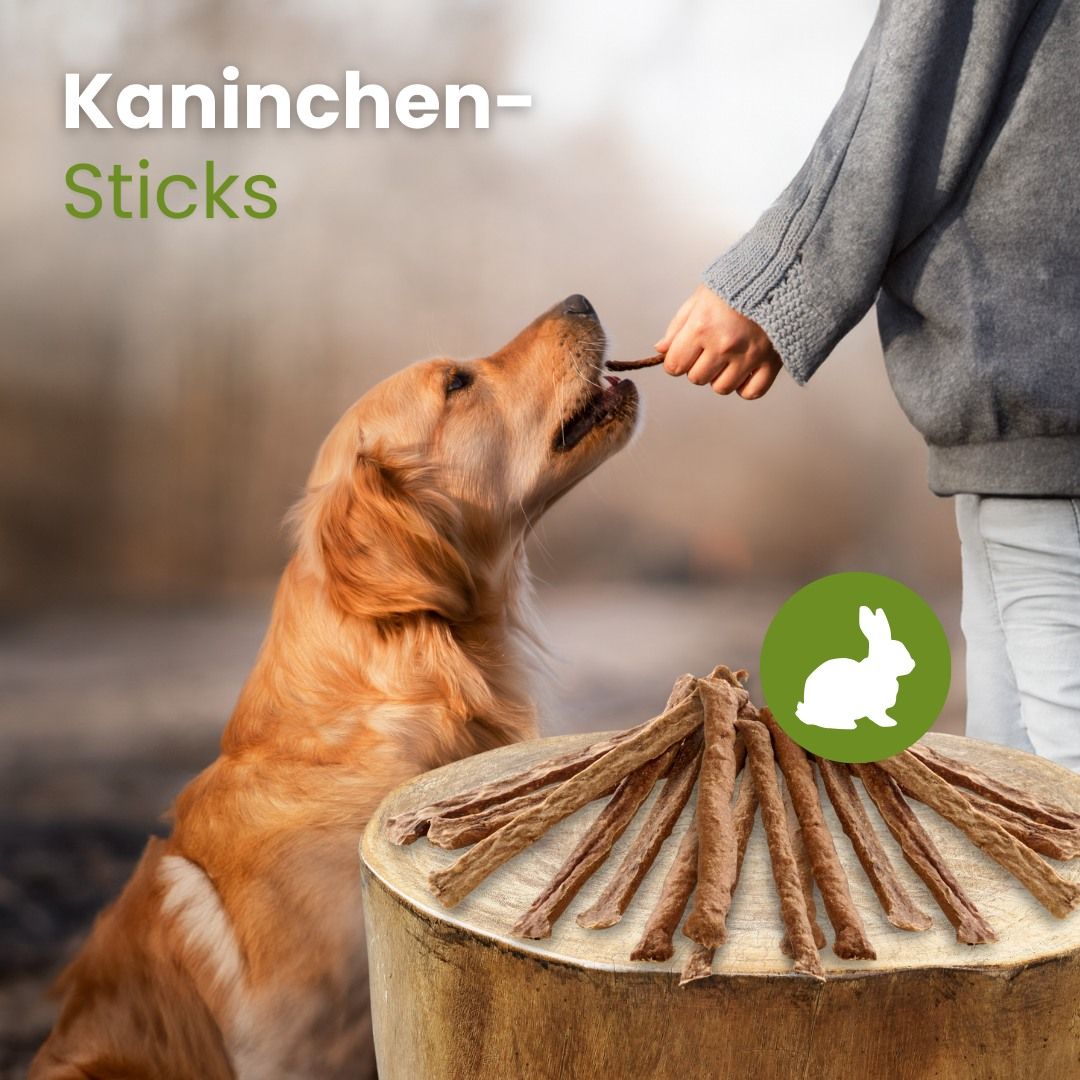 Kaninchen-Sticks für Hunde, 96% Kaninchen, 4% Tapioka.