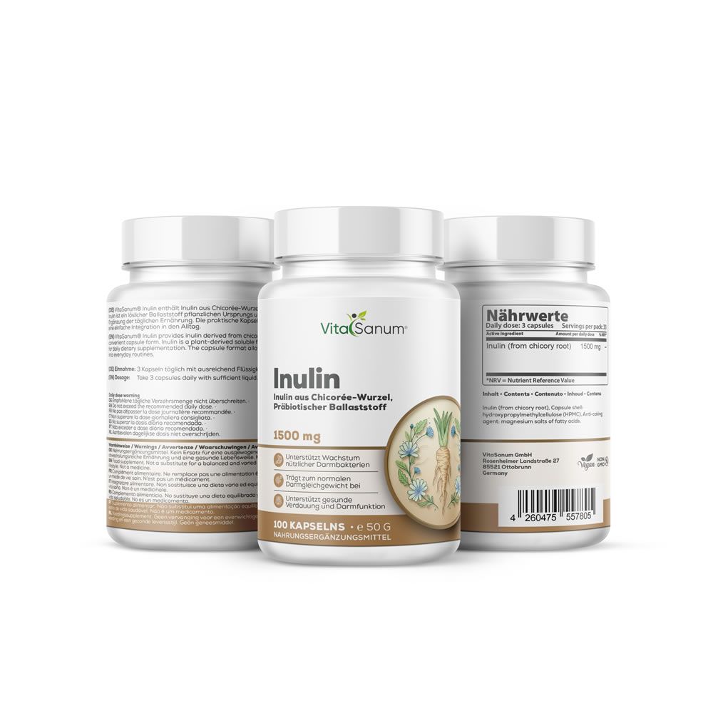 Drei weiße Flaschen mit Etiketten. Auf dem mittleren Etikett steht "VitaSanum Inulin". 1500 mg. 200 Kapseln.