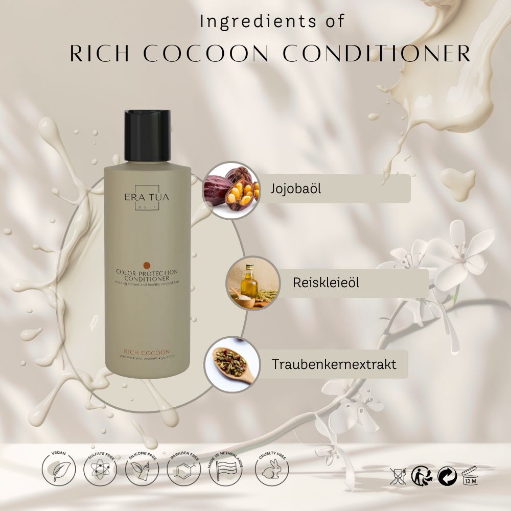 Flasche mit EraTua Rich Cocoon Conditioner. Inhaltsstoffe: Jojobaöl, Reiskleieöl, Traubenkernextrakt. Vegan-Siegel.