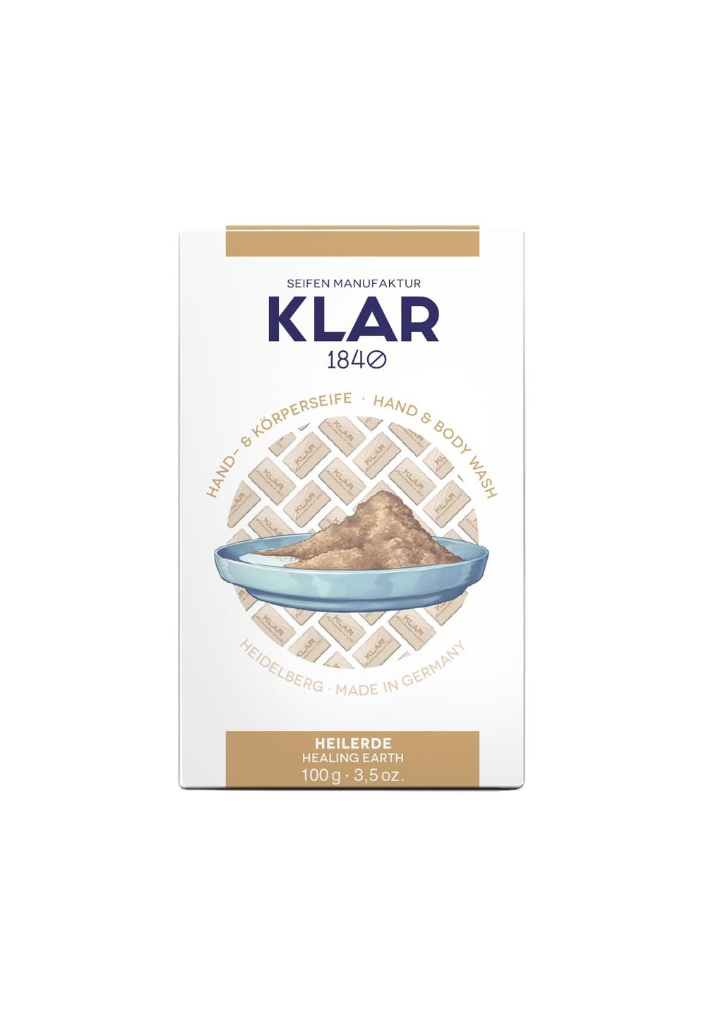 Verpackung mit Produktabbildung und Schriftzug "KLAR". Text: "HEILERDE HEALING EARTH".