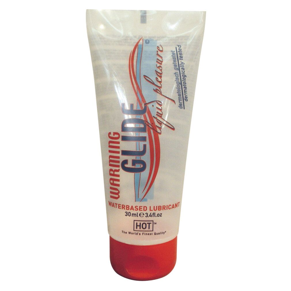 Transparentes Gel in Tube mit rotem Verschluss. Aufschrift: WARMING GLIDE, WATERBASED LUBRICANT, HOT. Dermatologisch getestet.