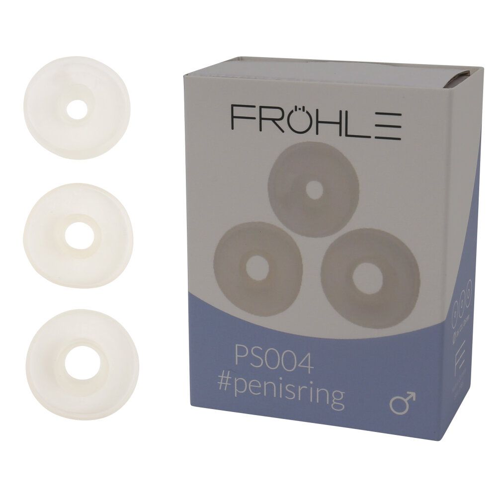 Verpackung und drei Ringe nebeneinander. FRÖHLE Logo, PS004, #penisring.