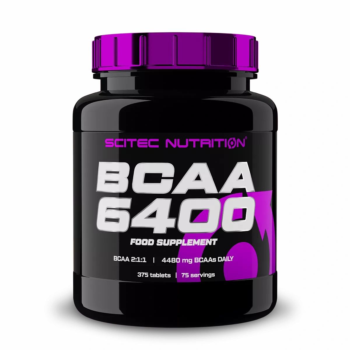 Schwarze Flasche mit lila Deckel. Aufschrift: Scitec Nutrition BCAA 6400. Zusatz: Food Supplement. Enthält 375 Tabletten.