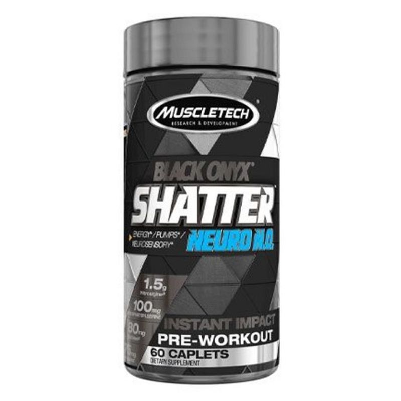 Zylindrische Dose. Schwarz-graues Etikett mit Produktnamen und Marke. "Muscletech Black Onyx Shatter Neuro NO" Text.