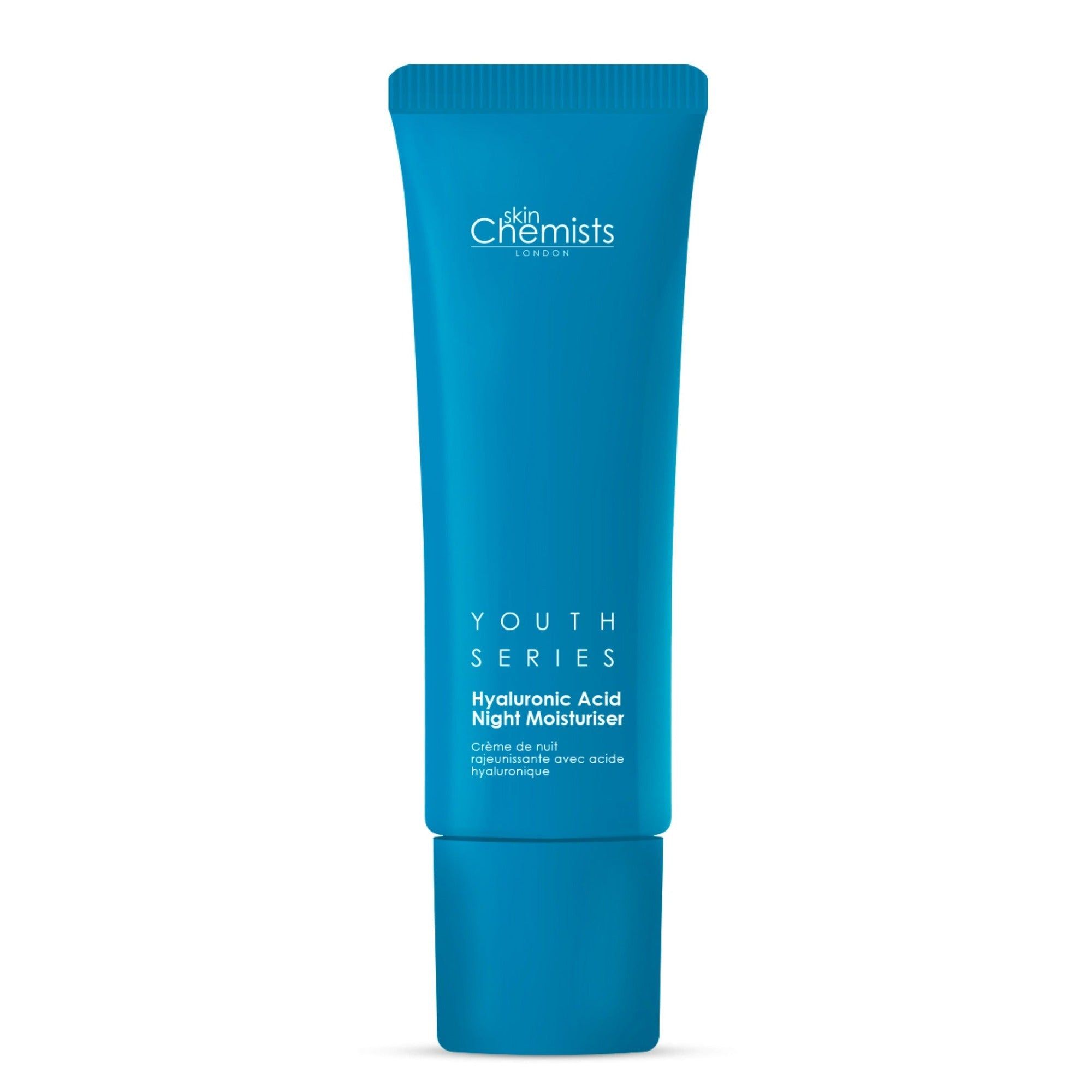 Blaue Tube mit Produktbezeichnung und Schriftzug. Marke: skinChemists. Produkt: Youth Series Hyaluronsäure Nacht-Feuchtigkeitscreme.