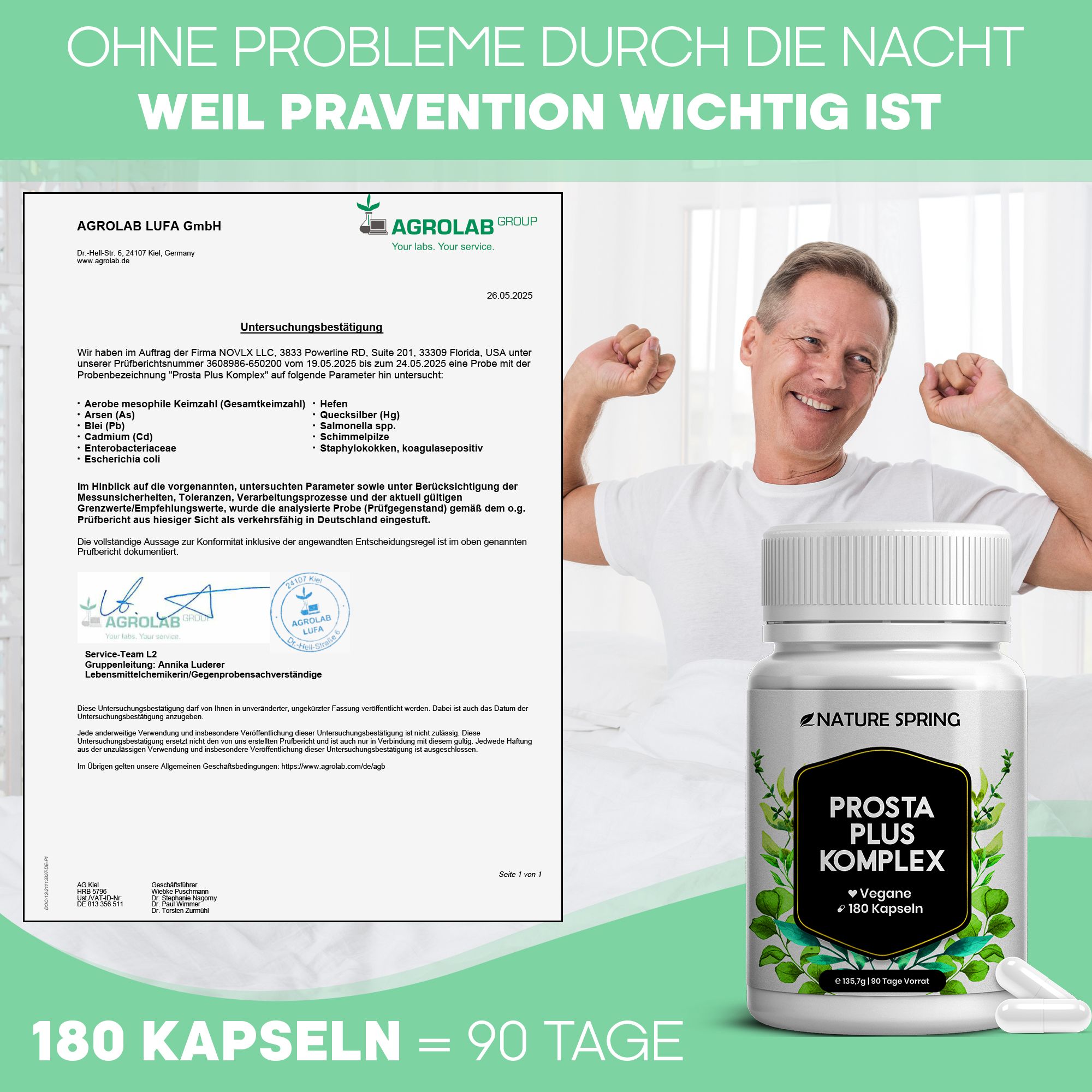 Laborbericht und Nature Spring Prosta Plus Komplex Behälter mit 180 Kapseln.