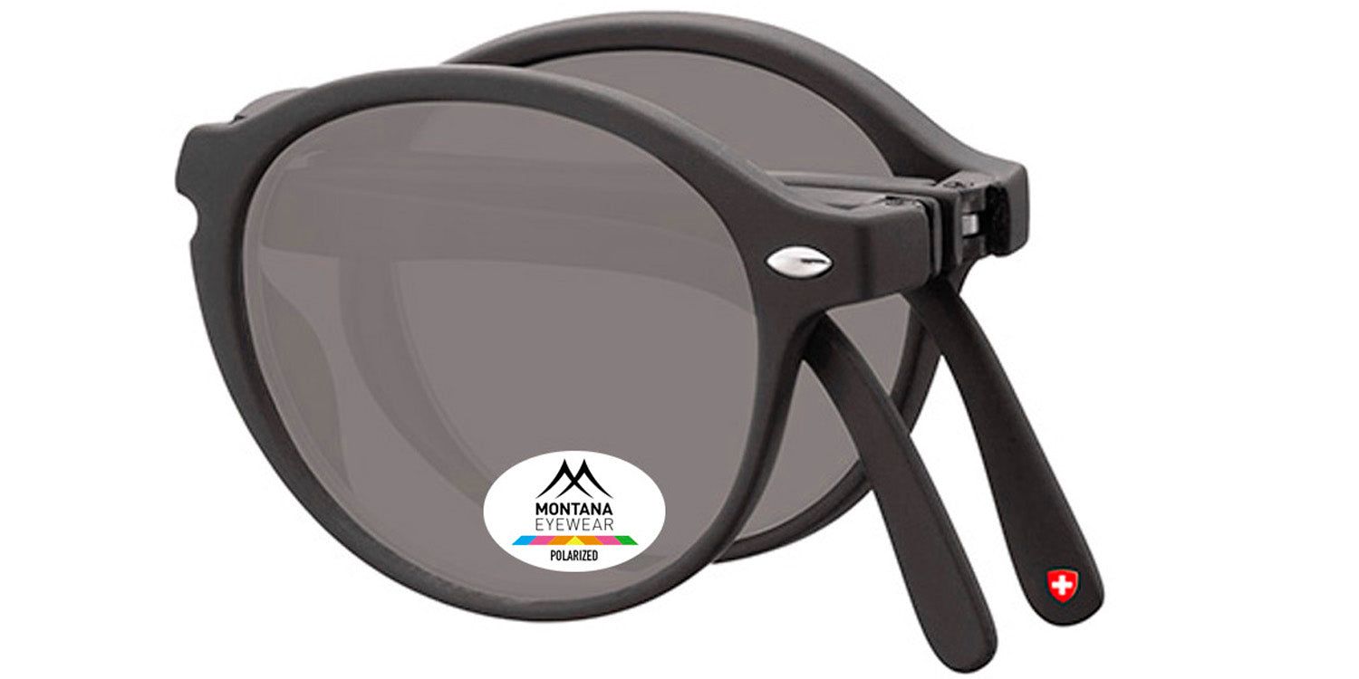 Faltbare Sonnenbrille, Montana Eyewear. Runde, graue Gläser, schwarzer Rahmen. Logo und Polarized-Aufkleber. Schweizer Kreuz am Bügel.