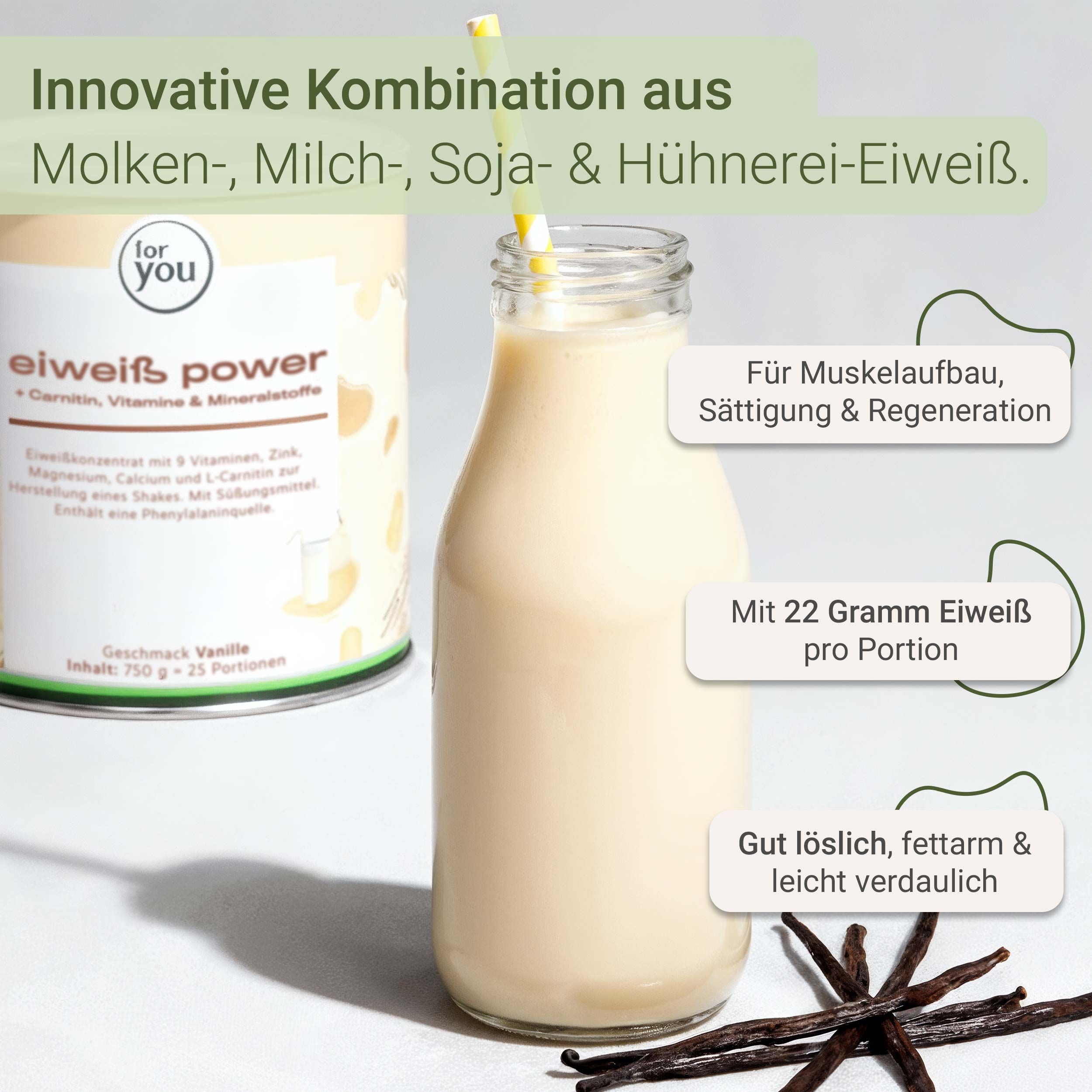 Glasflasche mit Vanille-Eiweiß-Shake und Strohhalm. Daneben Vanilleschoten. Text: 22g Eiweiß pro Portion.