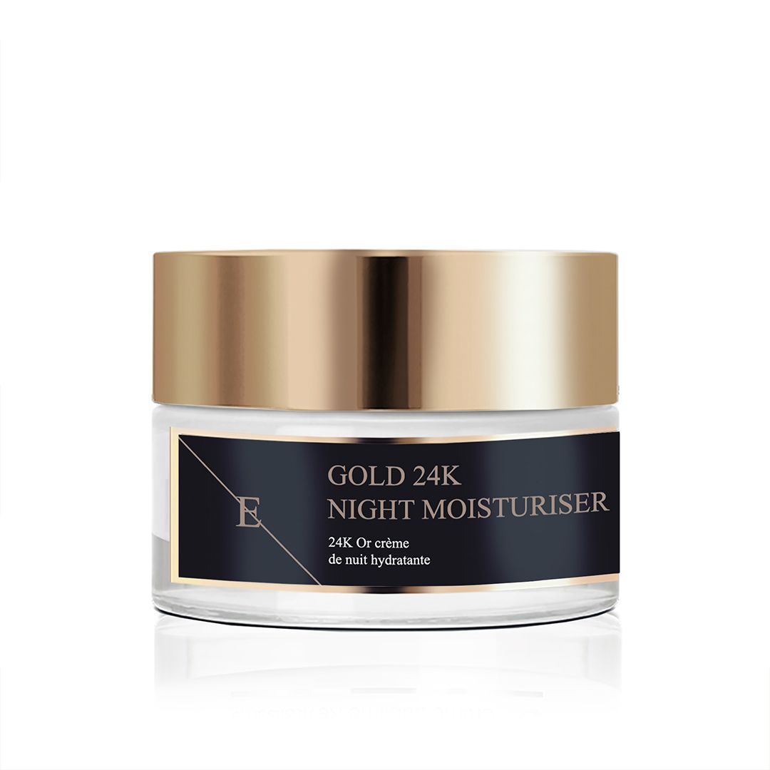 Glascremetiegel mit goldenem Deckel und schwarzem Etikett mit der Aufschrift "GOLD 24K NIGHT MOISTURISER".