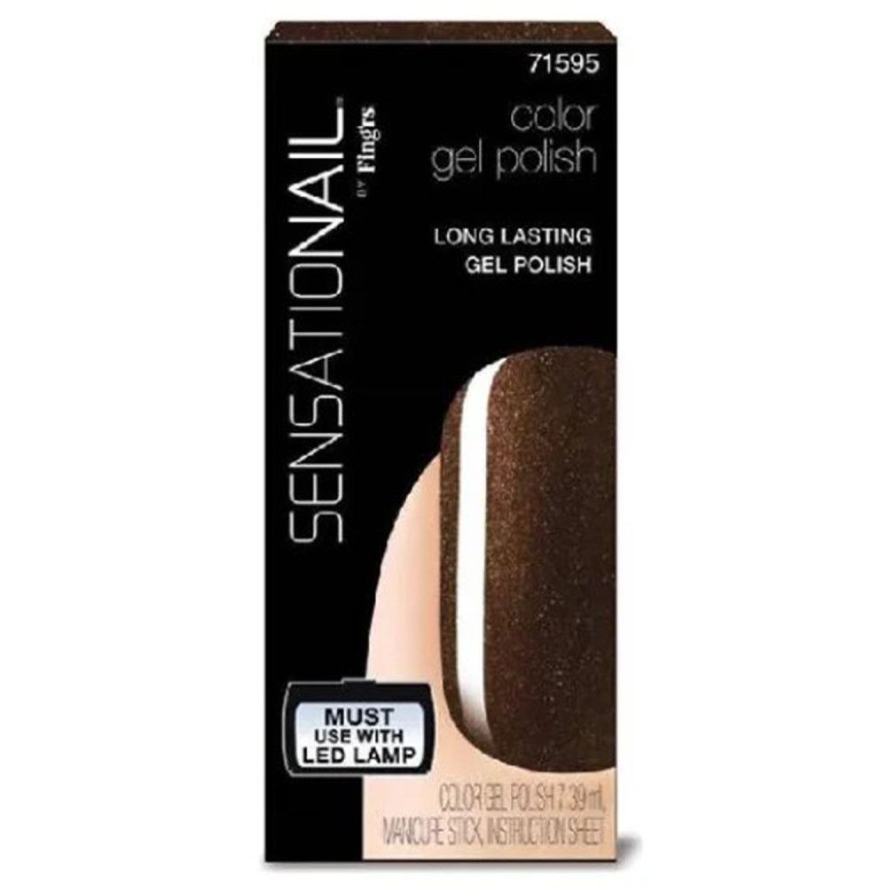Sensationail Farb-Gel-Nagellack-Verpackung. Braune Farbe mit weißem Streifen. Text: "Must use with LED lamp".