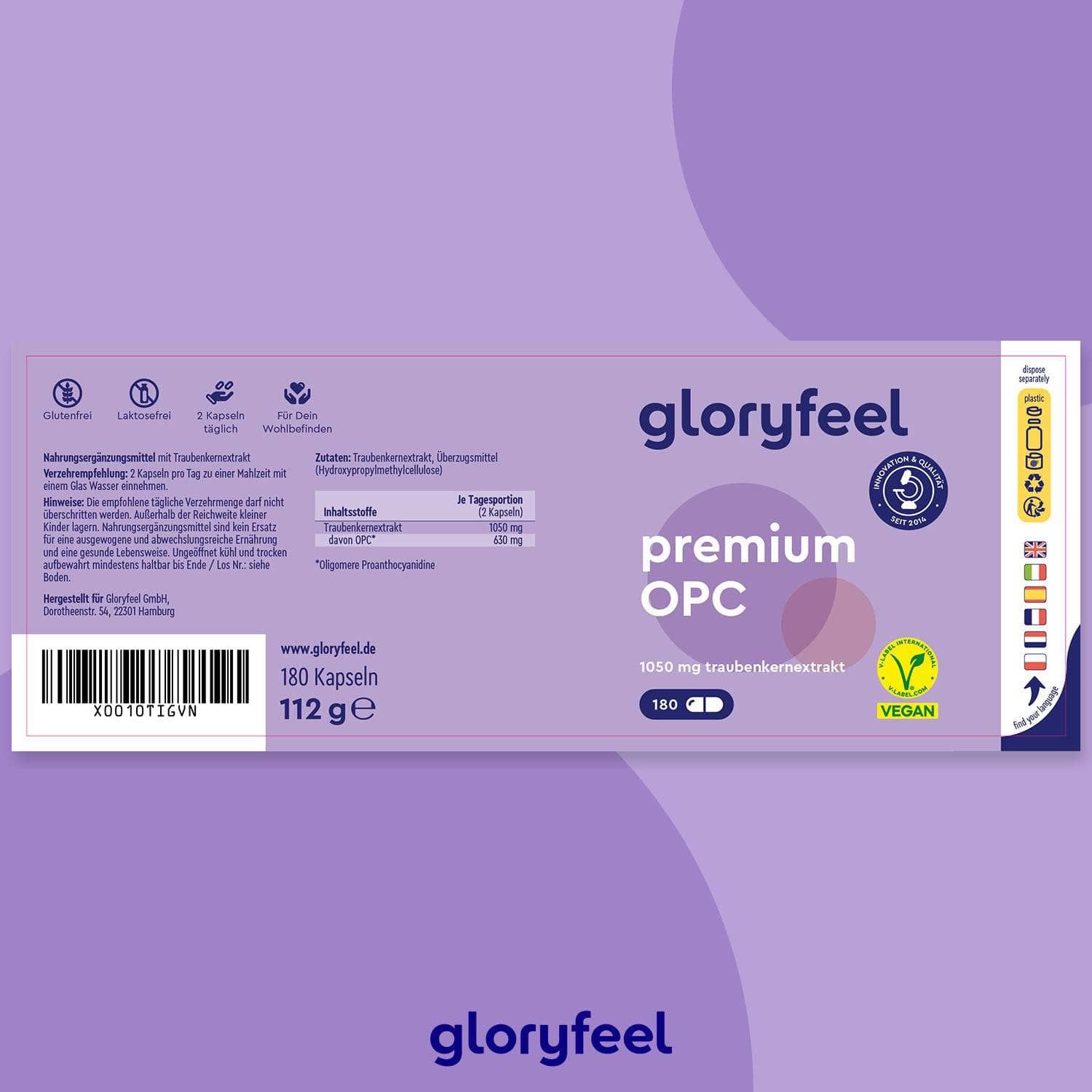 Lila Verpackung mit Produktinformationen. Aufschrift: gloryfeel premium OPC. Enthält 180 Kapseln. Vegan-Siegel. Inhaltsstoffe und Nährwertangaben.