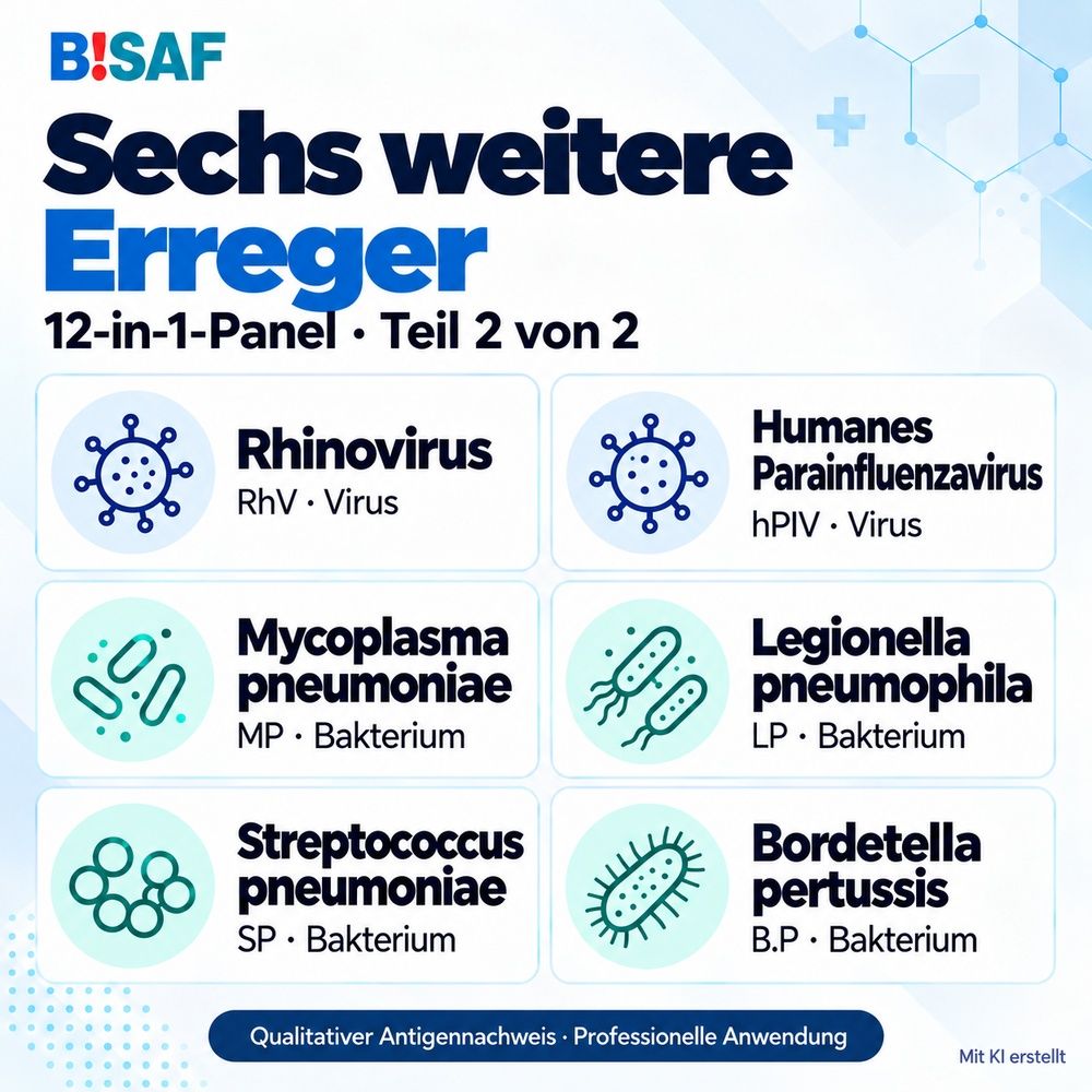 BISAF 12-in-1 Panel: Erregerübersicht Teil 2. Rhinov., hPIV, Mycoplasma, Legionella, Pneumokokken, Keuchhusten.