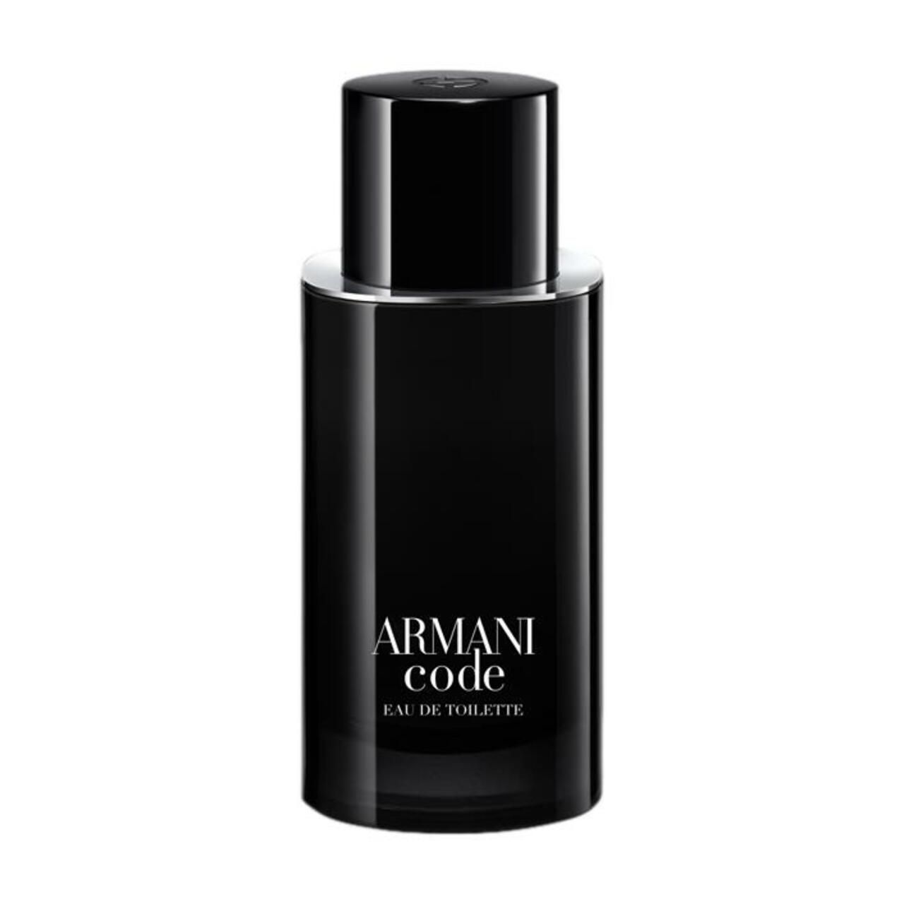 Schwarzer Flakon mit schwarzem Deckel. Aufschrift: Armani Code Eau de Toilette.