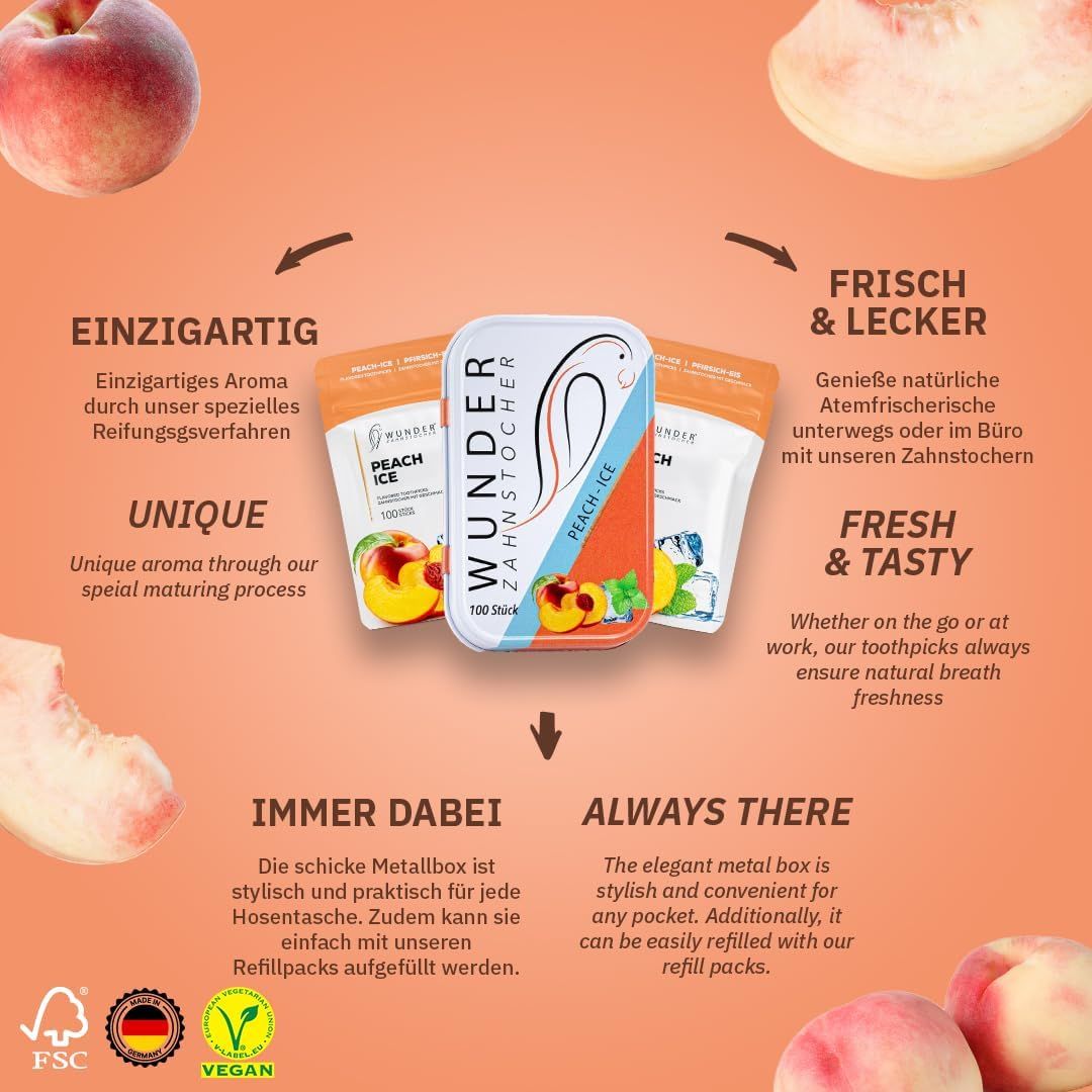 Drei Packungen Zahnstocher mit Pfirsich-Eis-Geschmack. Eine Metallbox und zwei Nachfüllpackungen. FSC, Vegan-Siegel.