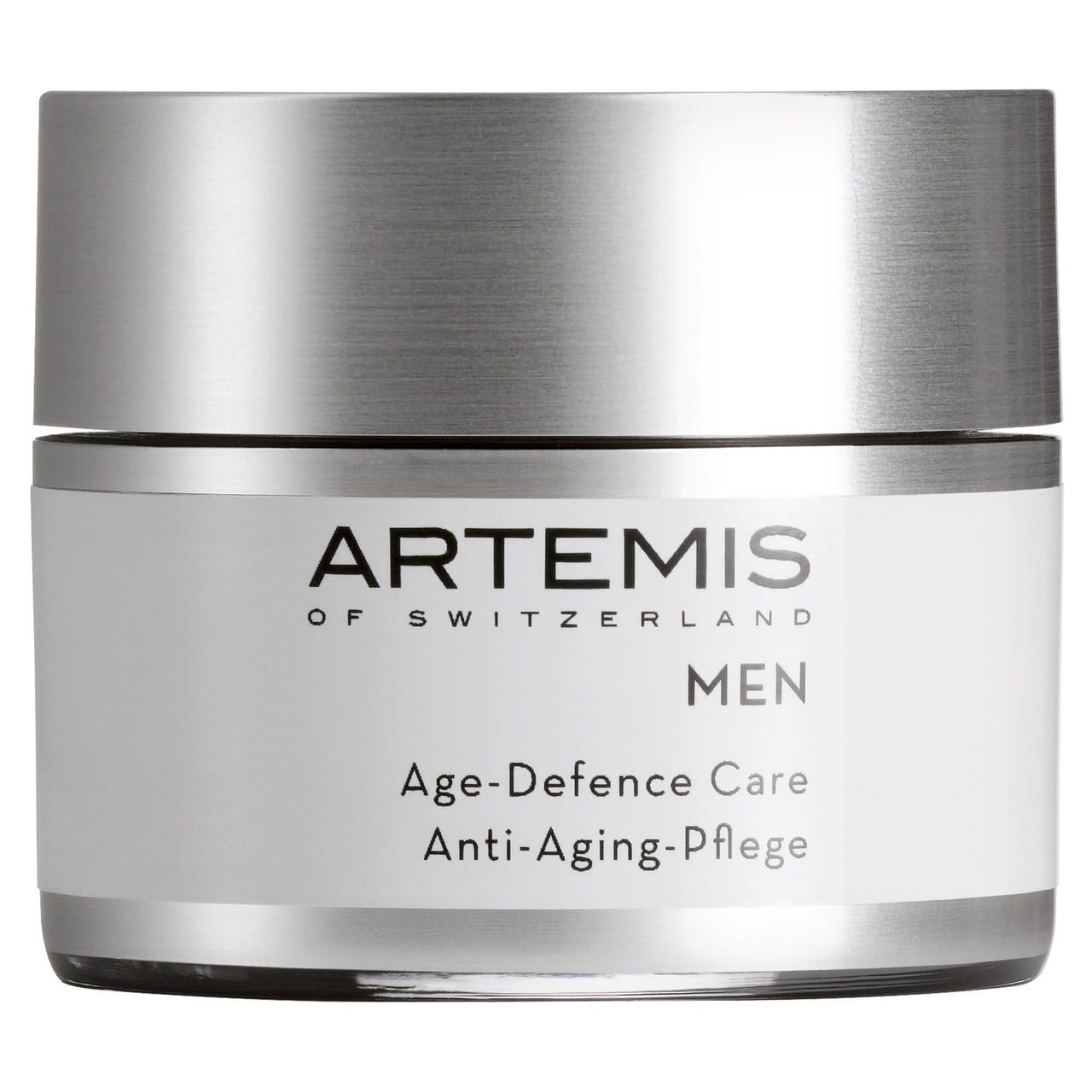 Creme-Tiegel mit silberfarbenem Deckel. Aufschrift: ARTEMIS OF SWITZERLAND MEN Age-Defence Care Anti-Aging-Pflege.