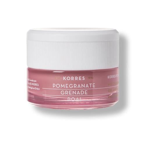 Tiegel mit rosa Creme. Deckel weiß, Schriftzug KORRES Pomegranate. Aufschrift: Ausgleichendes Cremegel.