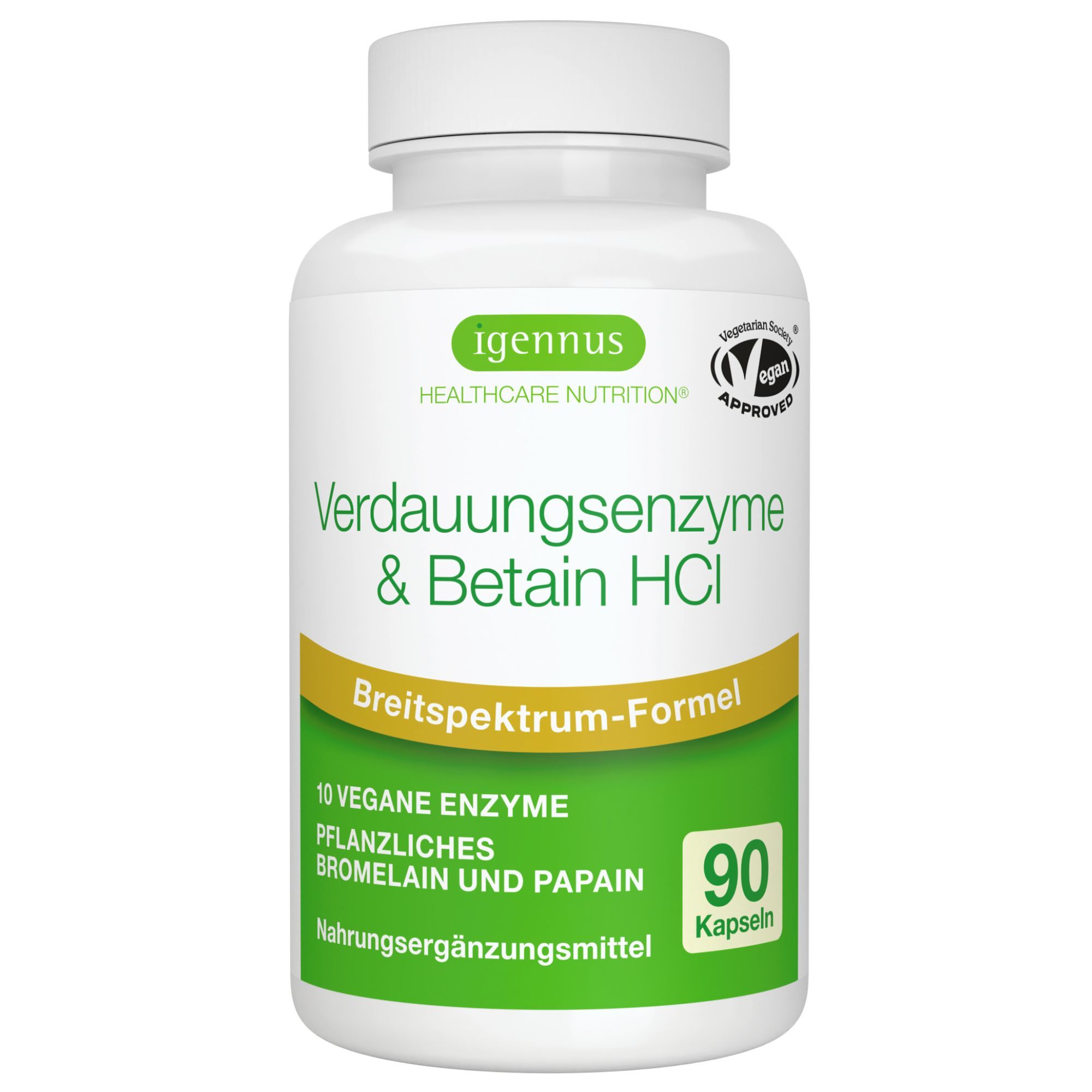 Igennus Verdauungsenzyme & Betain HCl, 90 vegane Kapseln. Breitspektrum-Formel mit pflanzlichen Enzymen.
