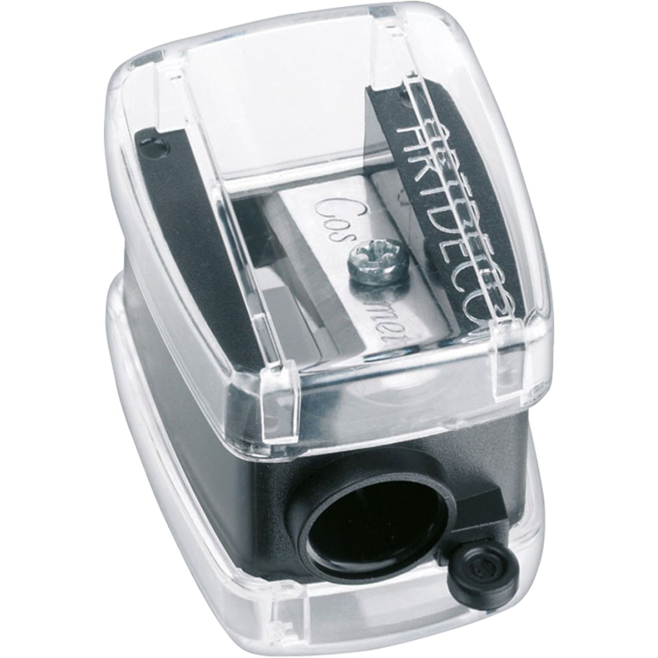 Artdeco Spitzer. Schwarzer Kunststoffkörper mit transparentem Deckel. Metallklinge sichtbar. Aufschrift: Artdeco Cosmetics.