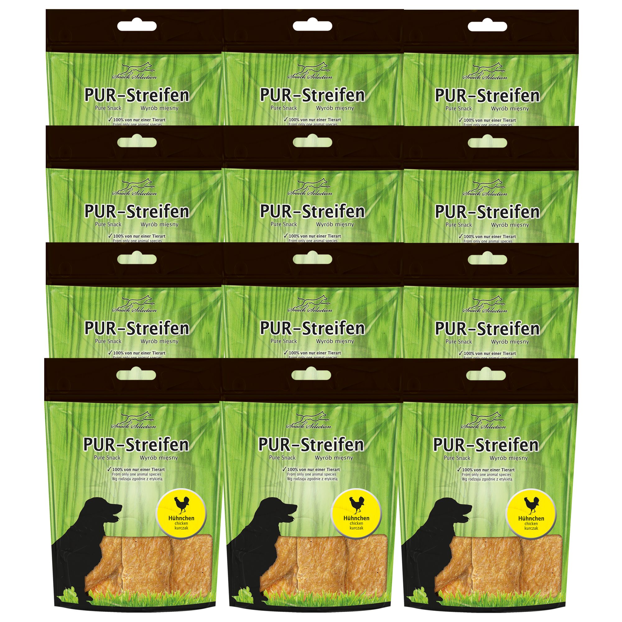 Mehrere Packungen PUR-Streifen. Grün-braune Verpackung mit Hundesilhouette und Hühnchen-Symbol. Produktname und Text auf Deutsch.