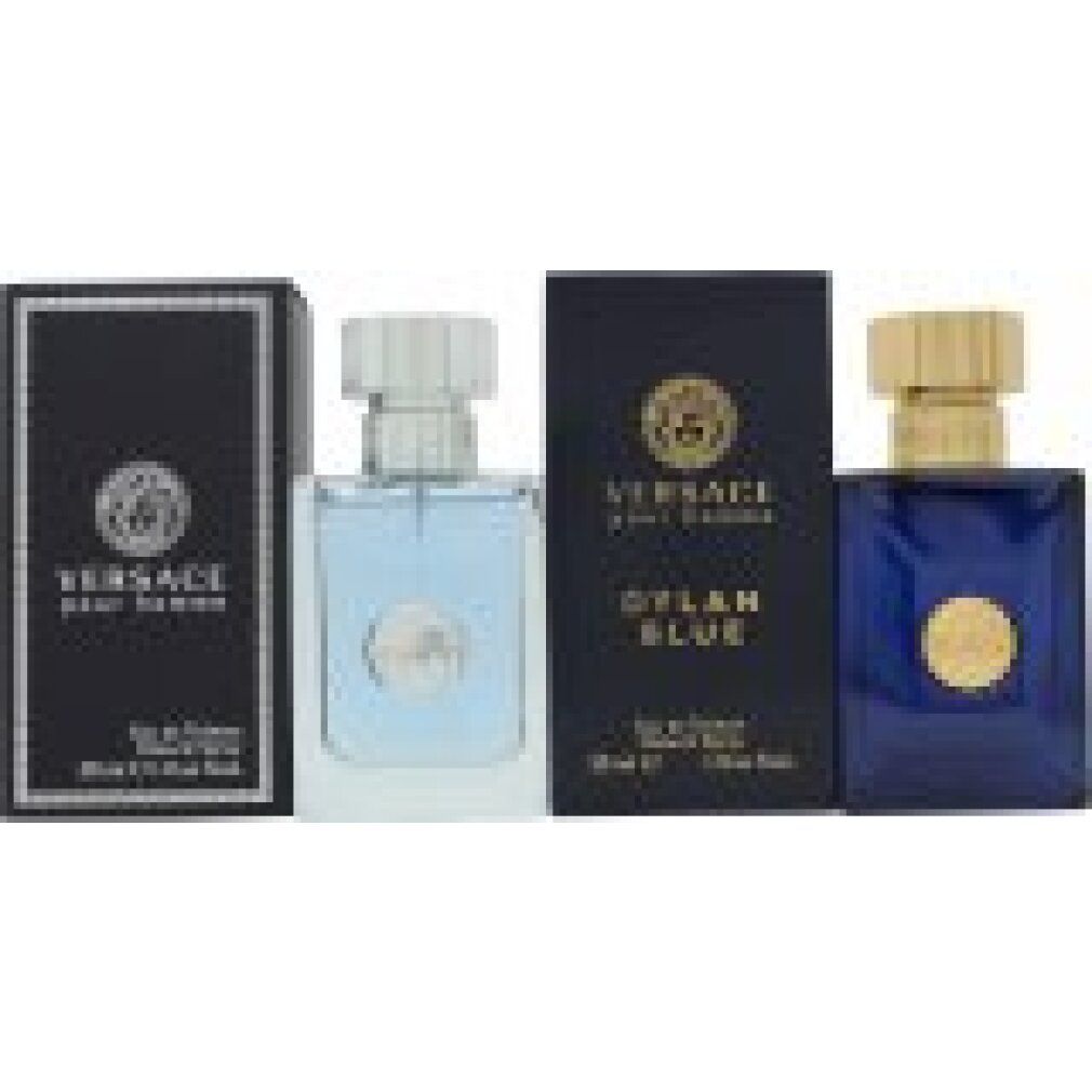Geschenkset mit zwei Parfums und zwei Schachteln. Ein hellblaues und ein dunkelblaues Parfum. Schwarze Schachteln mit Logo.