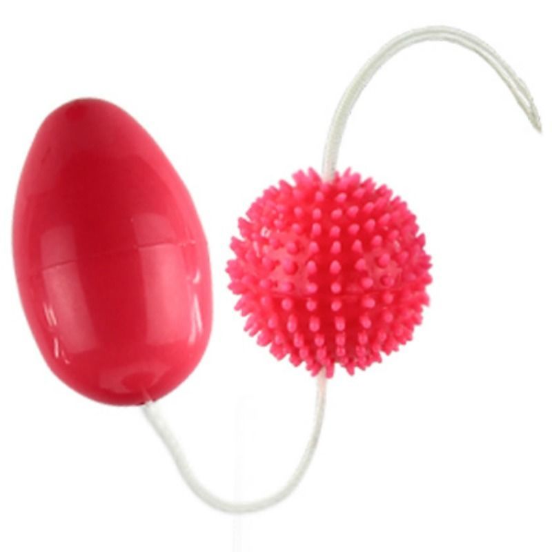 Zwei rosafarbene Kugeln, eine mit Noppen, verbunden durch eine Schnur. Eiförmige und runde Form.