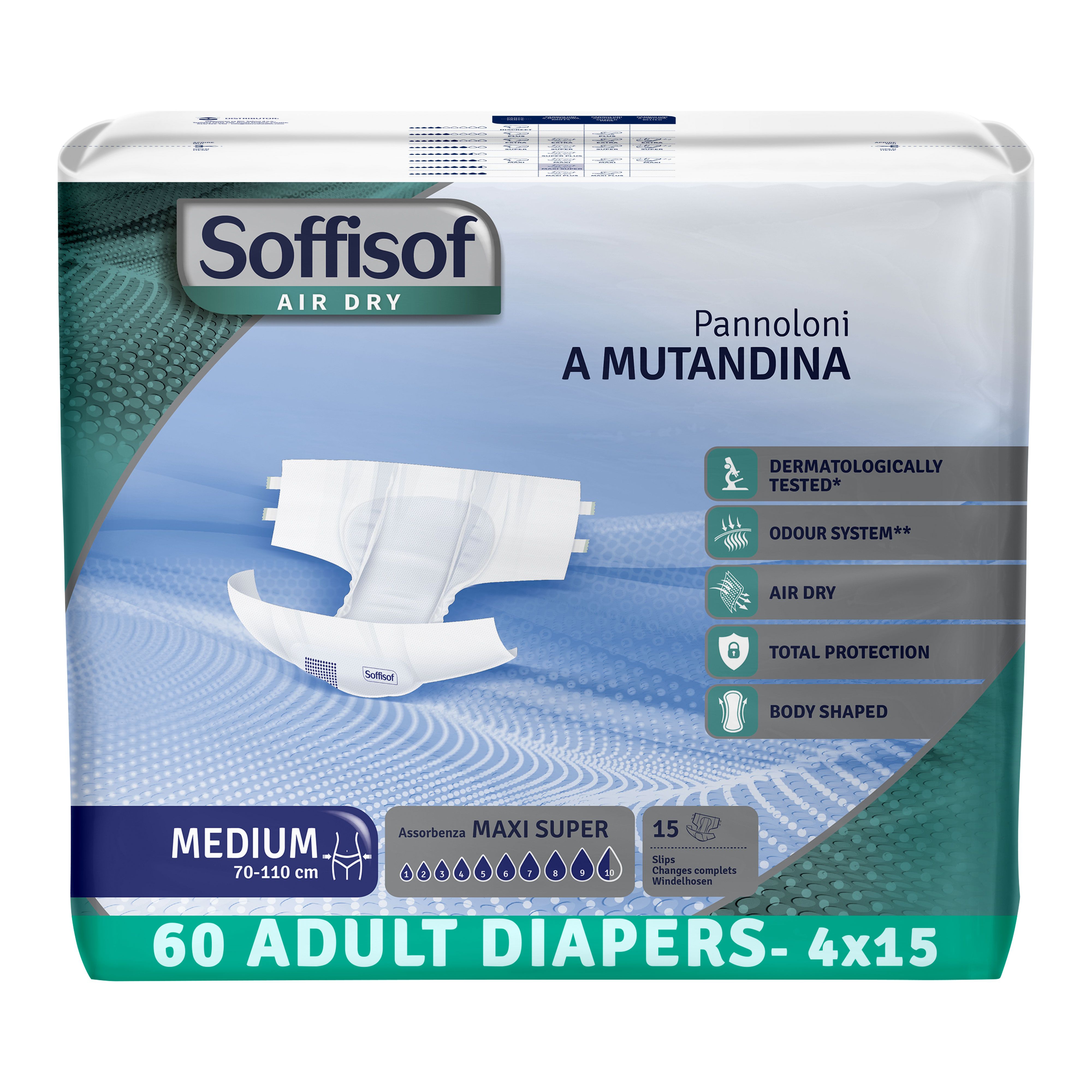 Soffisof Air Dry luiers voor volwassenen. Verpakking van 60. Maat Medium, 70-110 cm. Dermatologisch getest.