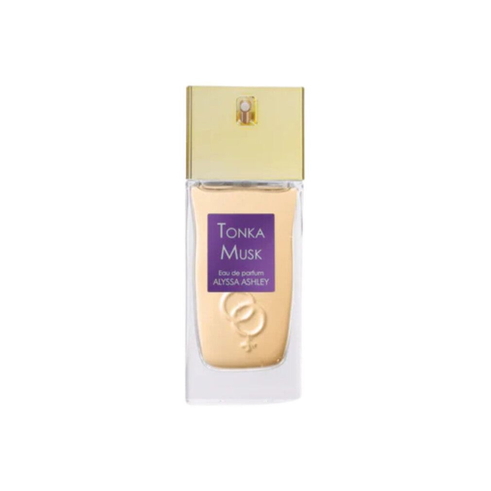 Alyssa Ashley Tonka Musk Eau de Parfum Spray. Rechteckiger Flakon mit goldfarbenem Deckel. Aufkleber mit Produktnamen.