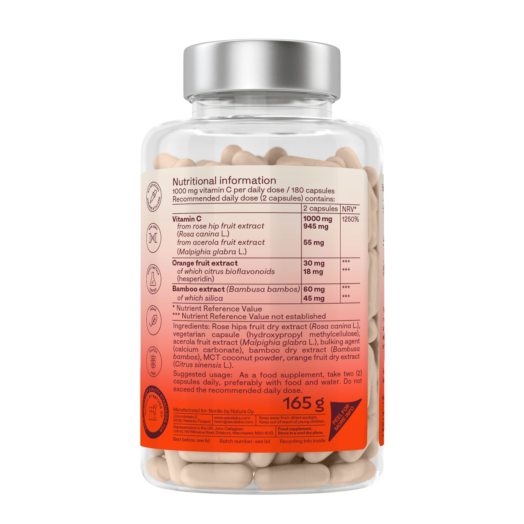 Aavalabs Vitamin C Komplex. Rückseite der Flasche mit Nährwertangaben. Enthält Vitamin C aus Hagebutte und Acerola.
