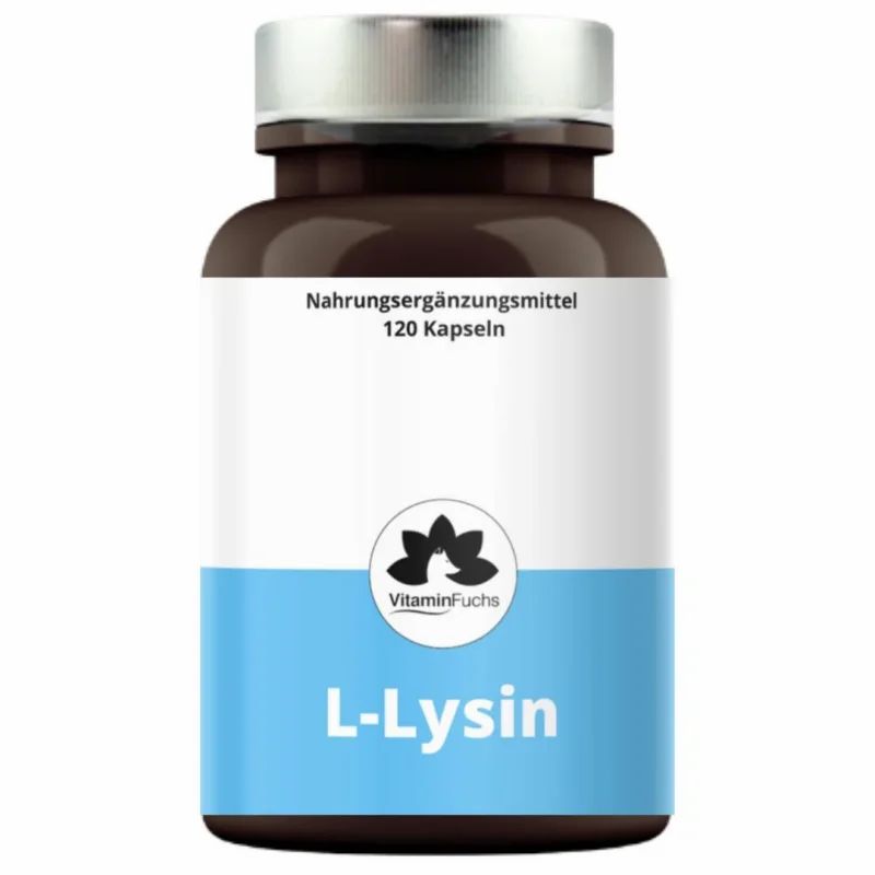 Braune Flasche mit silbernem Deckel. Etikett mit "L-Lysin" und "VitaminFuchs" Logo. 120 Kapseln.