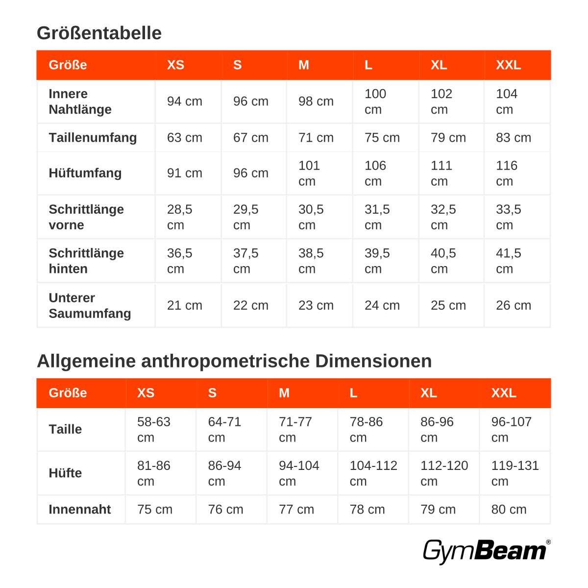 Größentabelle für Damen Jogginghose: Größen XS-XXL, Maße in cm.