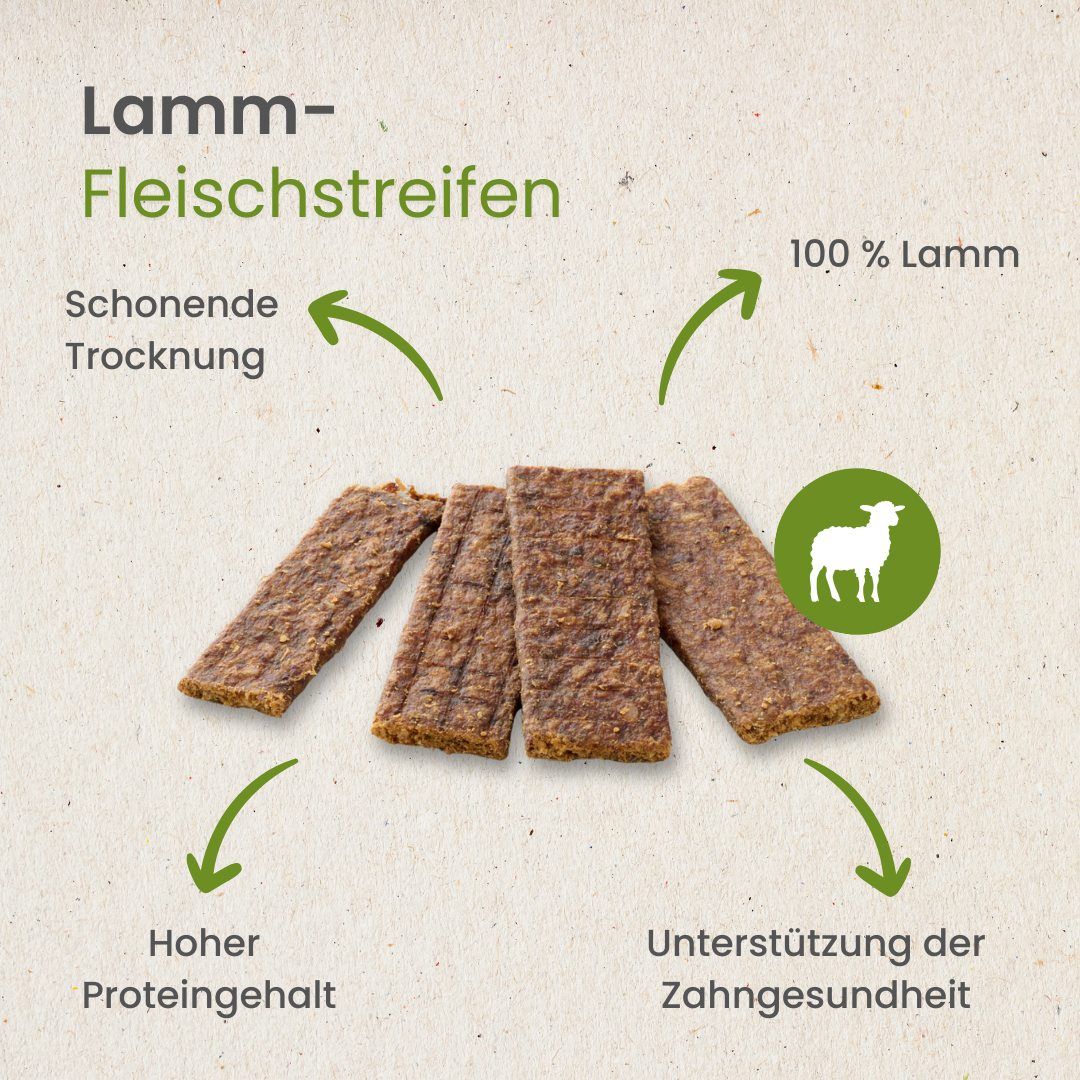 Lamm-Fleischstreifen, 100% Lamm, schonend getrocknet, hoher Proteingehalt.