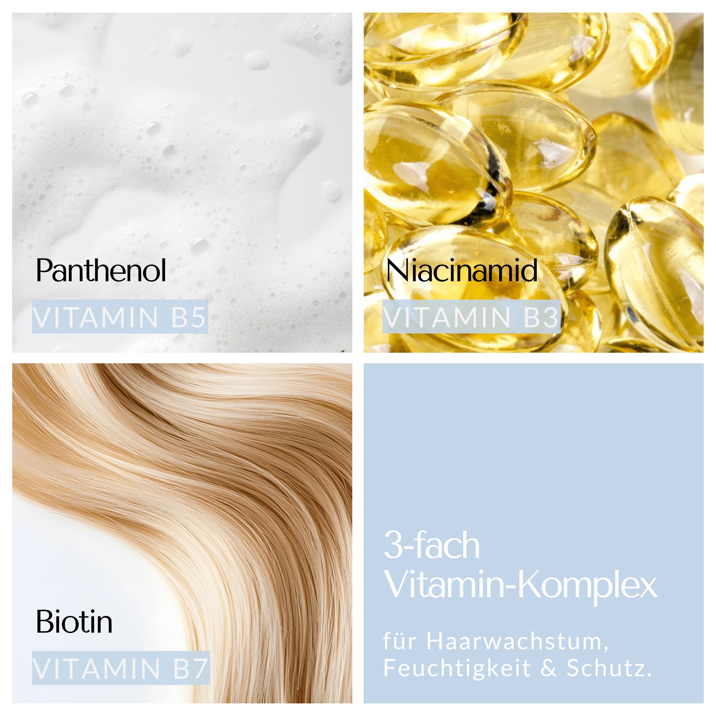 Vier Bilder mit Inhaltsstoffen: Panthenol, Niacinamid, Biotin, Haarsträhne.