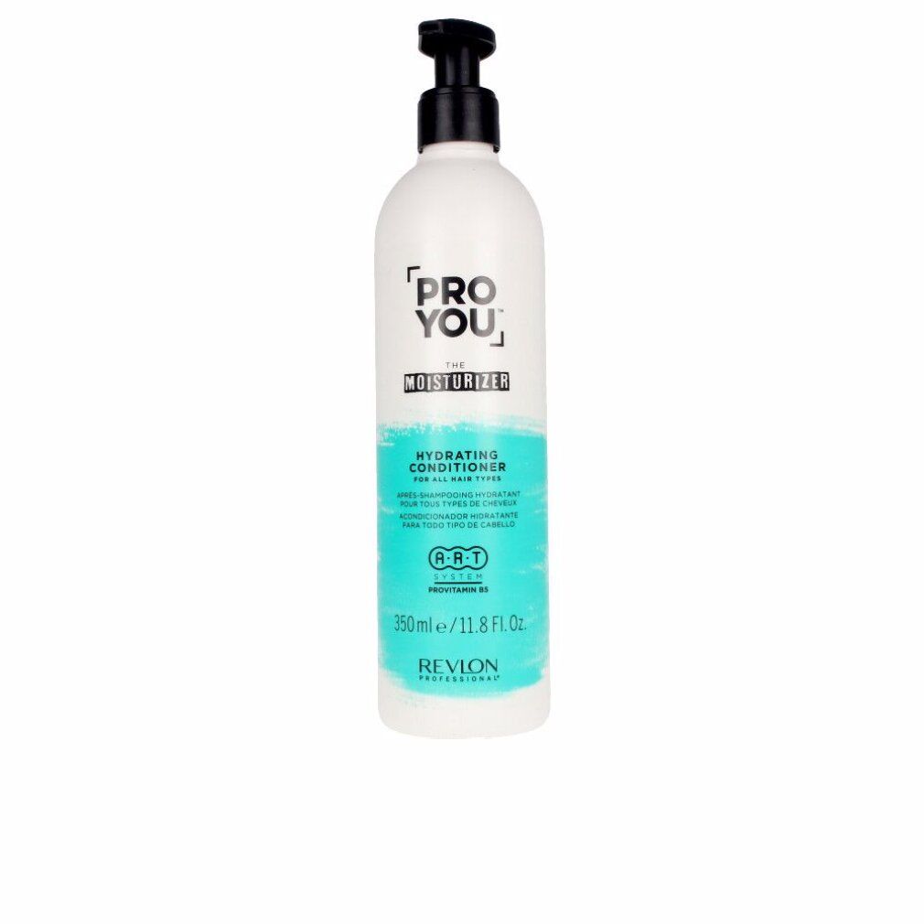 Flasche mit Conditioner. Weiß, schwarzer Pumpkopf. Text: PRO YOU, THE MOISTURIZER, HYDRATING CONDITIONER. 350ml/11.8 Fl Oz. Marke: Revlon.