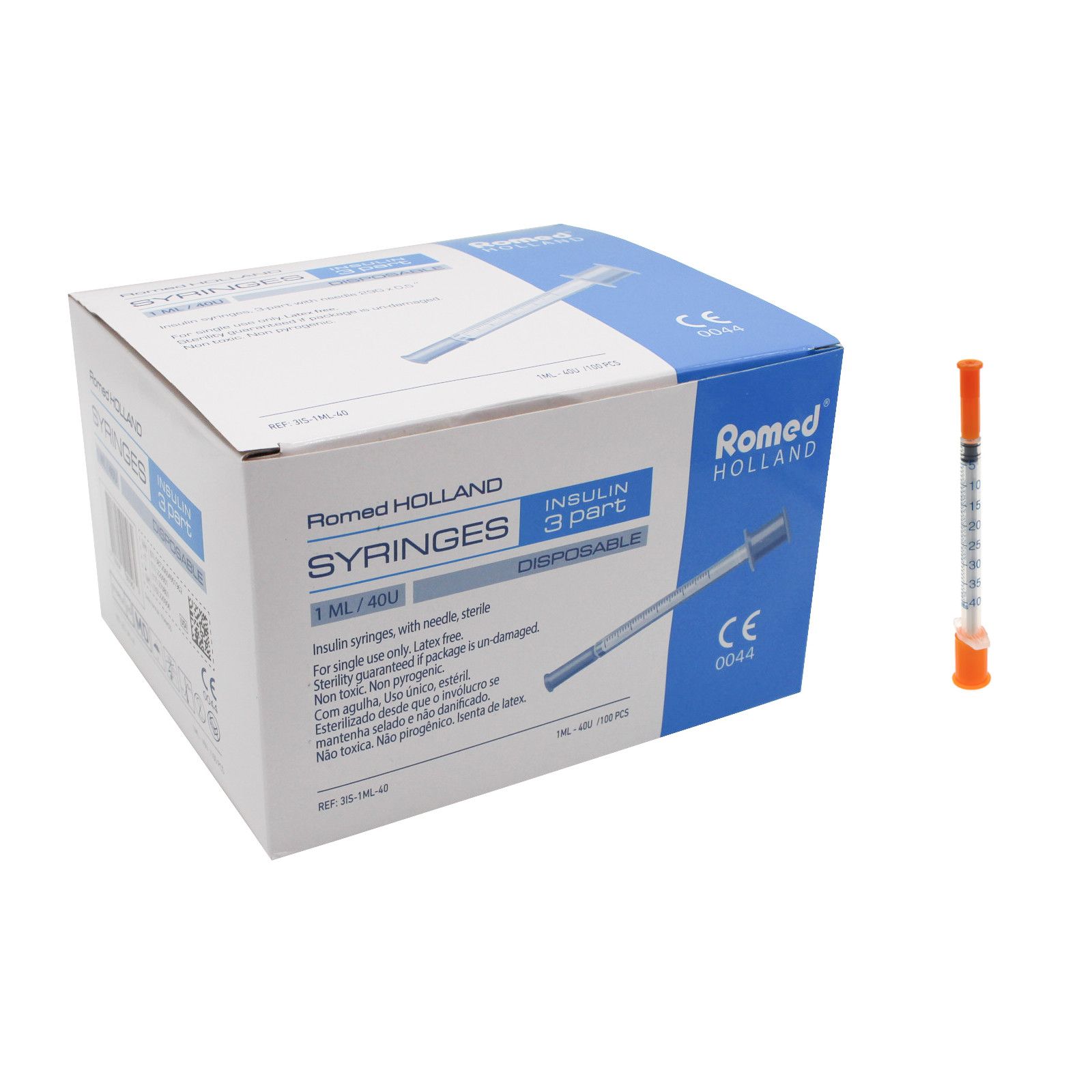 Karton mit Romed Insulinspritzen. Aufdruck: 1 ml / 40 IE. Eine Spritze daneben.