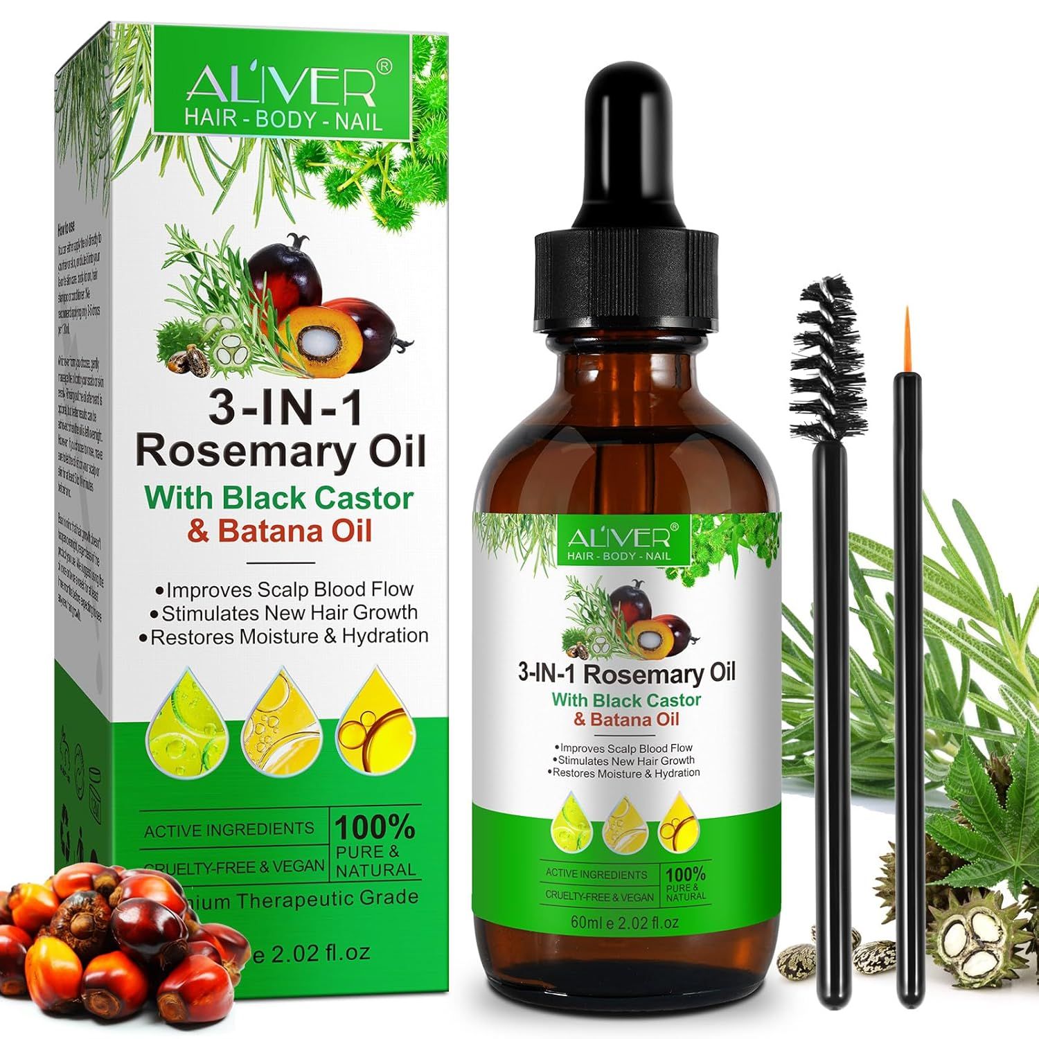 Braune Glasflasche mit Tropfer, grüne Verpackung. Enthält Rosmarin-, Batana- und Rizinusöl. Mit Bürsten- und Applikator-Zubehör.