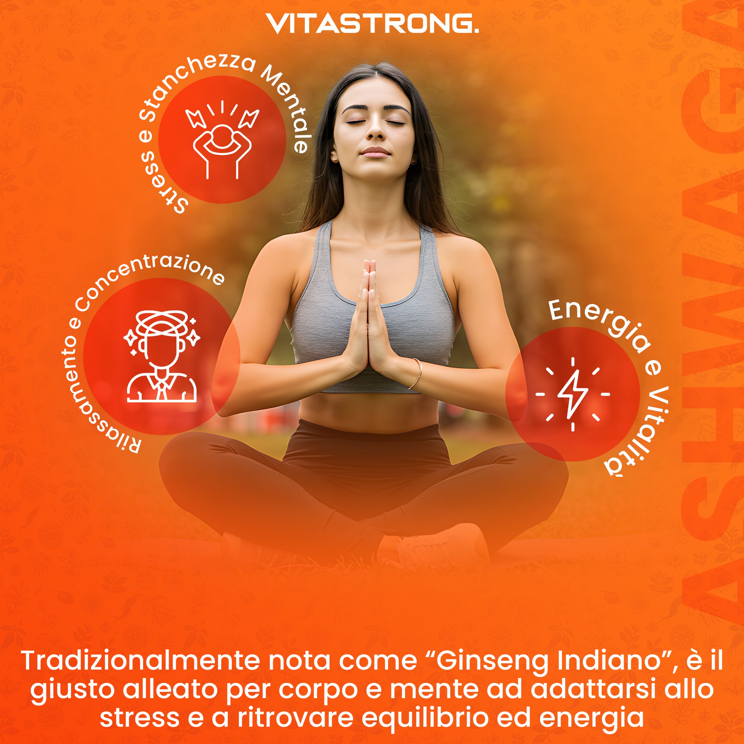 Frau in Meditationshaltung mit Symbolen für Stress, Konzentration und Energie.