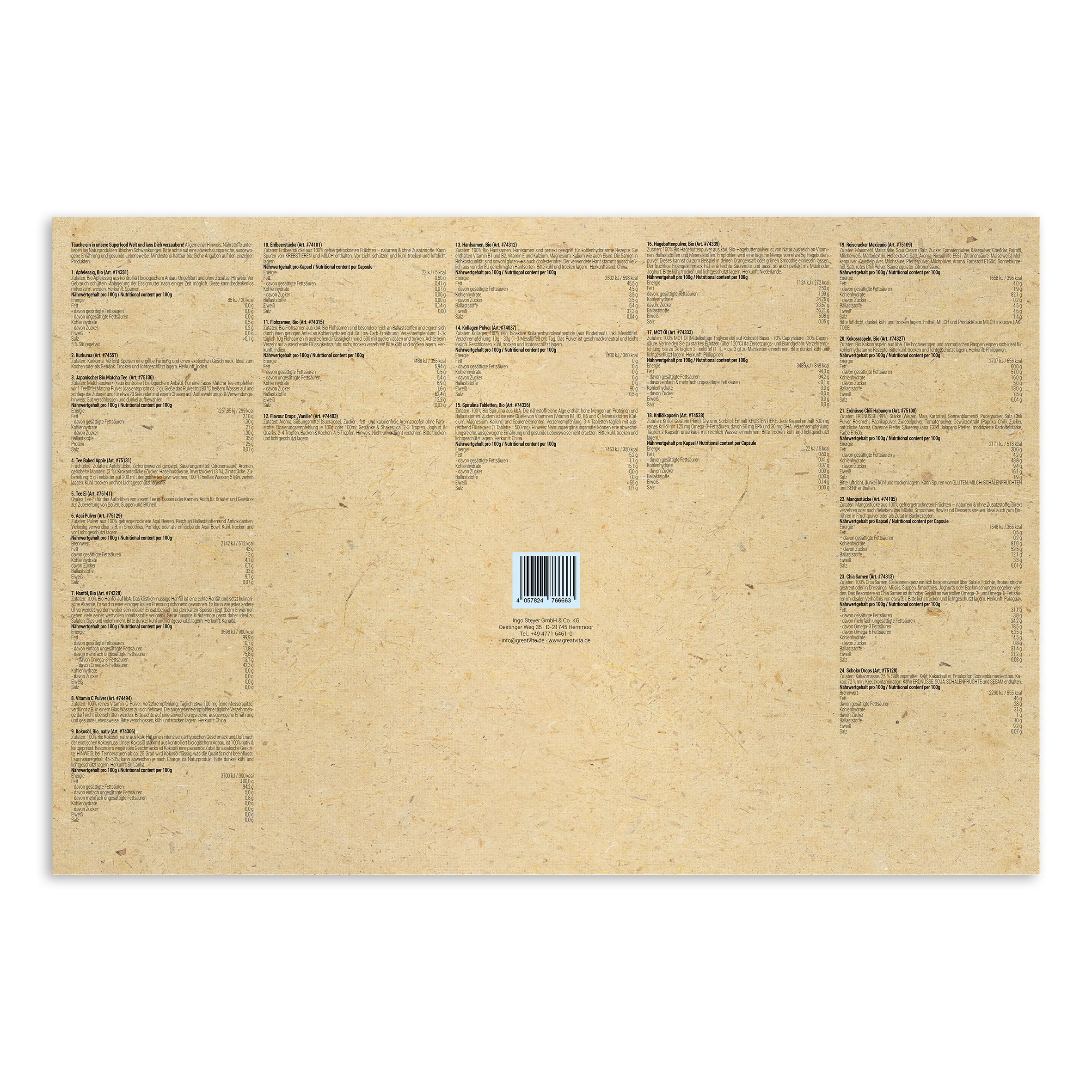 Rückseite des Adventskalenders. Text in mehreren Spalten. Barcode.